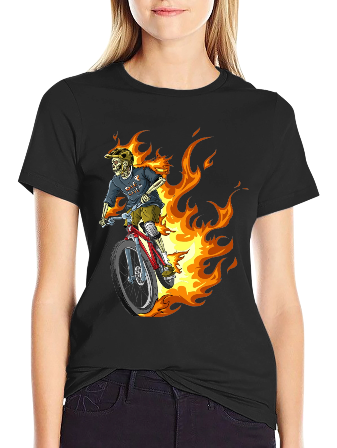 Fiery Skeleton Biker Graphic Tee - Black