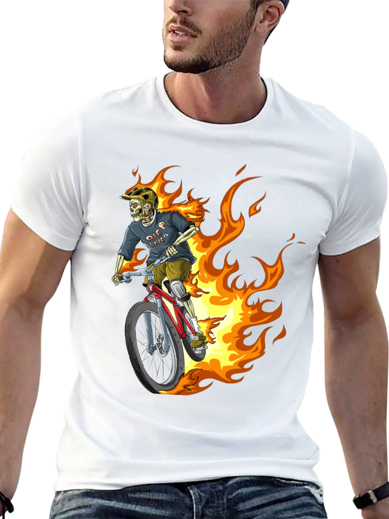 Fiery Skeleton Biker Graphic Tee - Black