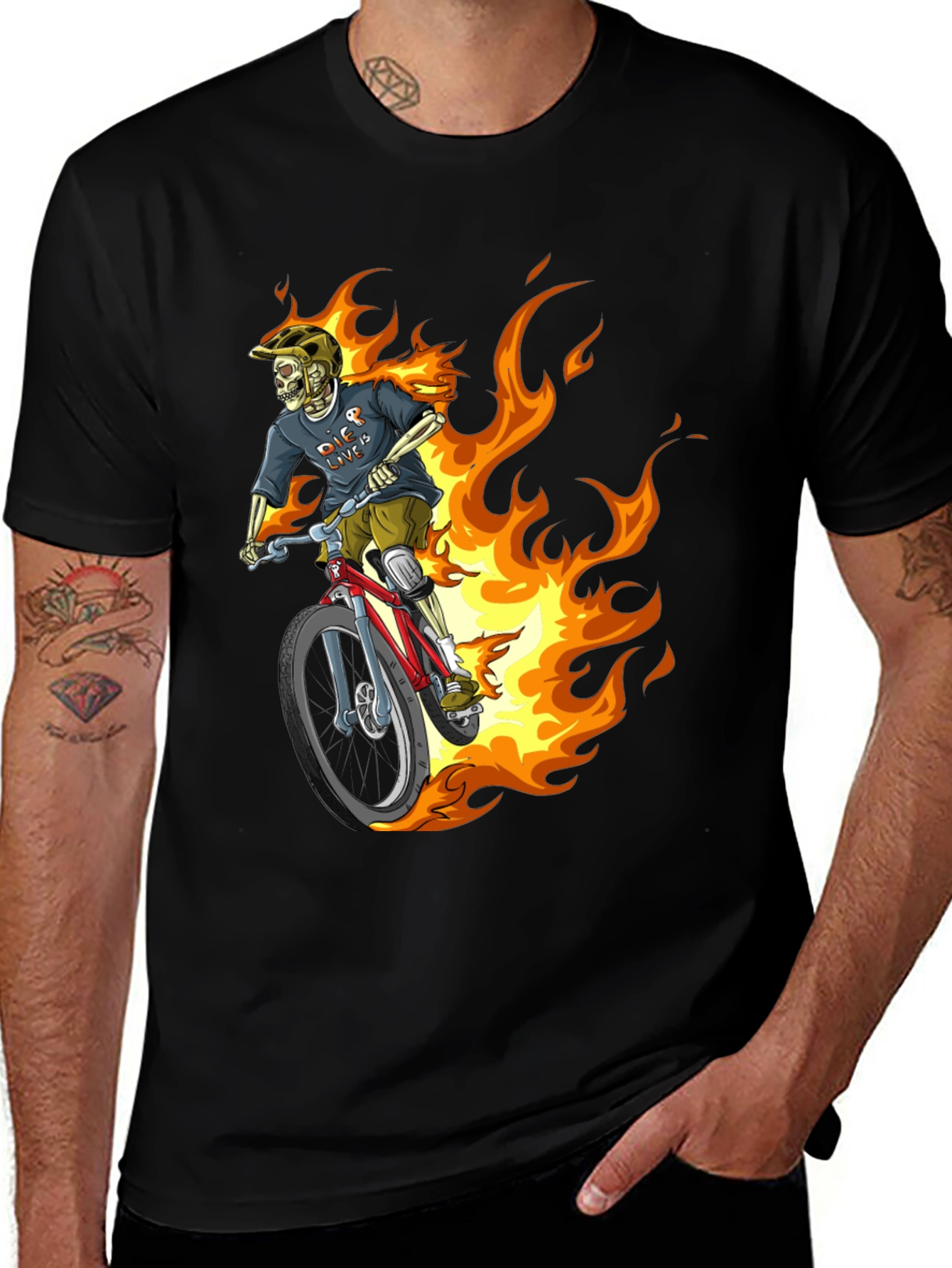 Fiery Skeleton Biker Graphic Tee - Black