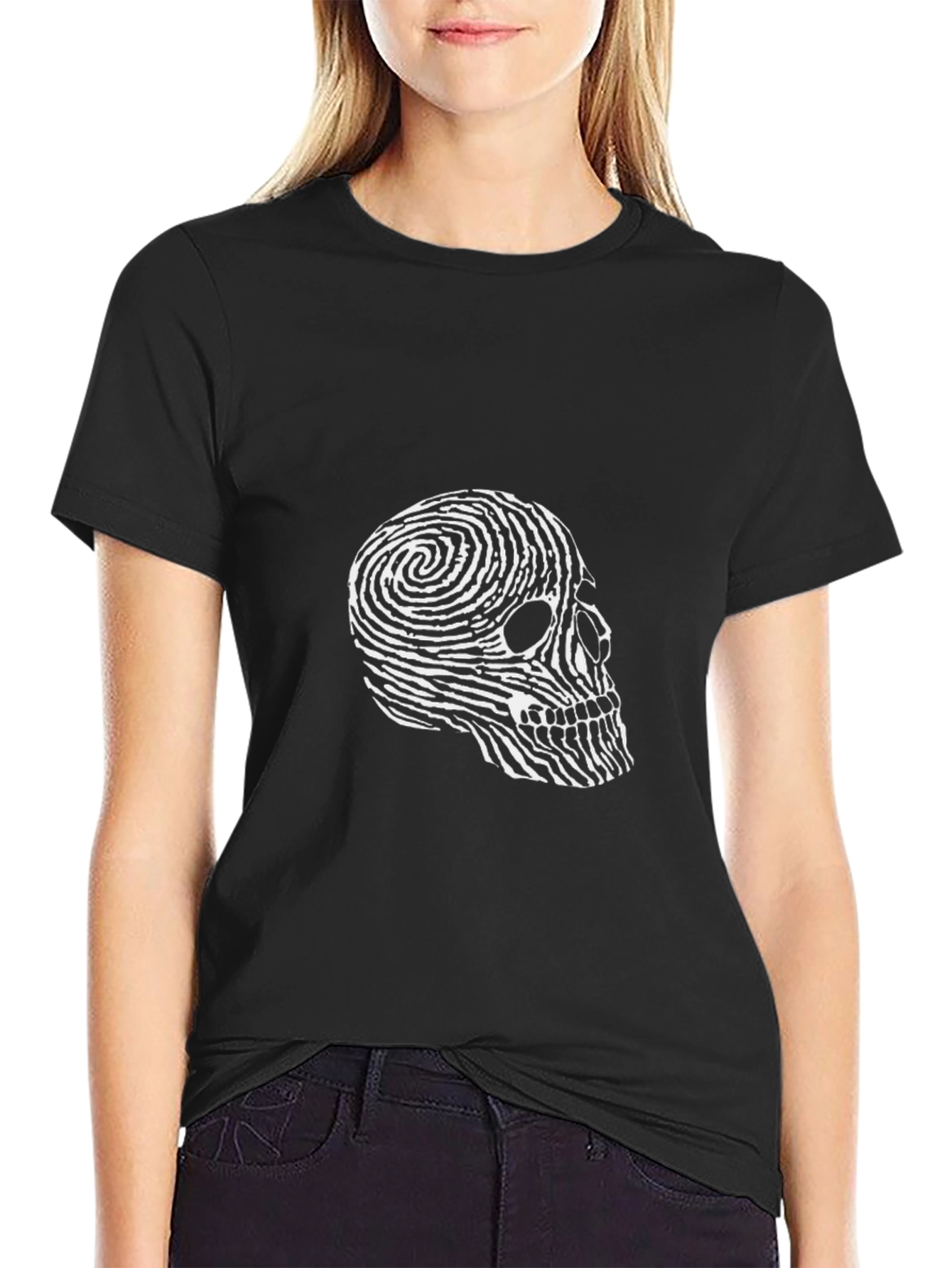 Skull Fingerprint Graphic Tee - Black Casual T-Shirt
