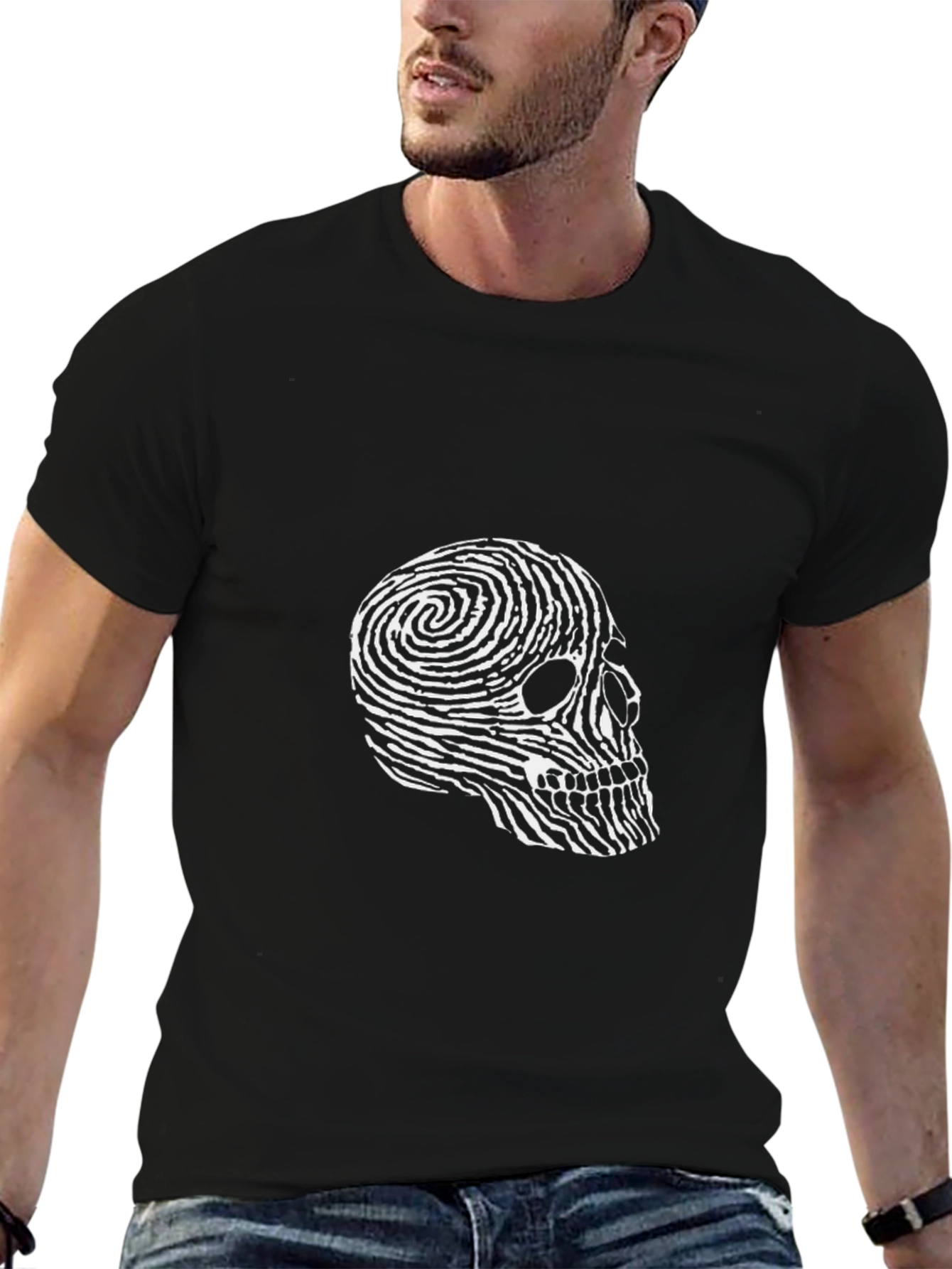 Skull Fingerprint Graphic Tee - Black Casual T-Shirt