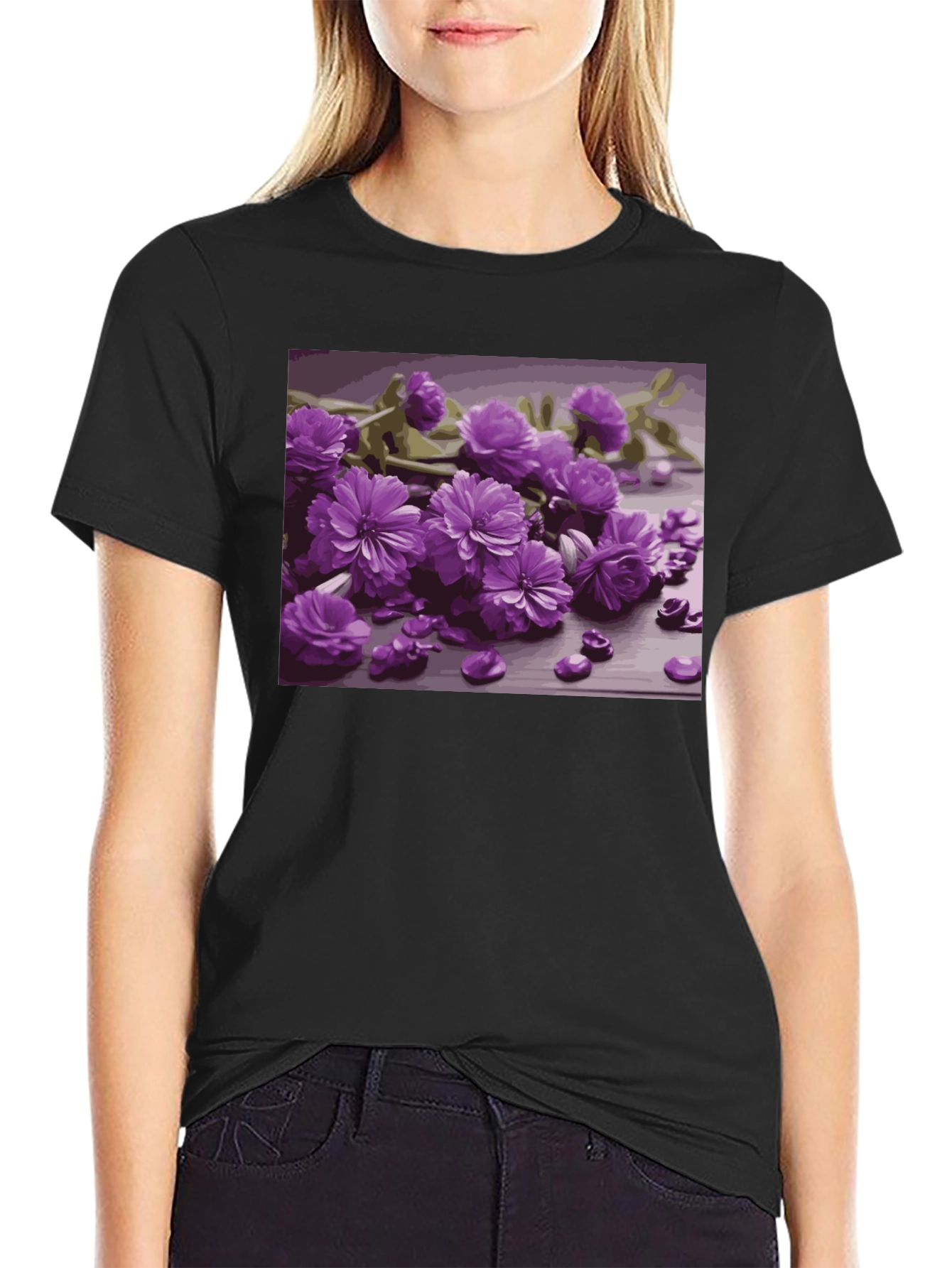 Floral Print Black Tee