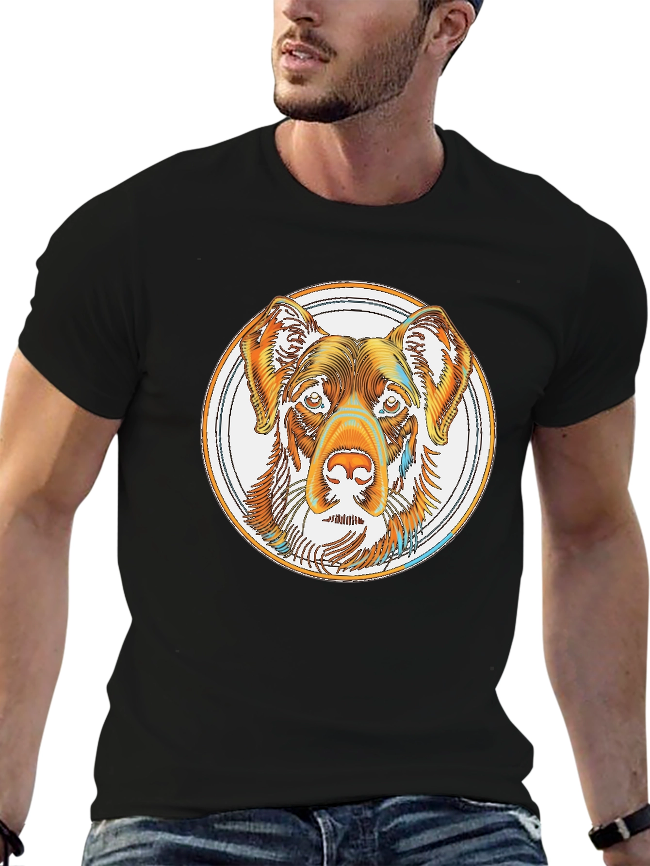 Dog Head in Circle Graphic Tee - Black