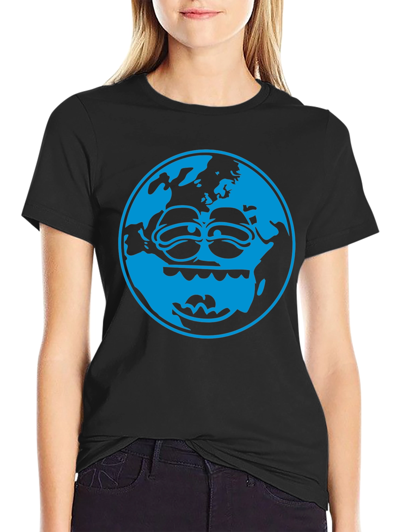 Cartoon Earth Graphic Tee - Black Cotton T-Shirt