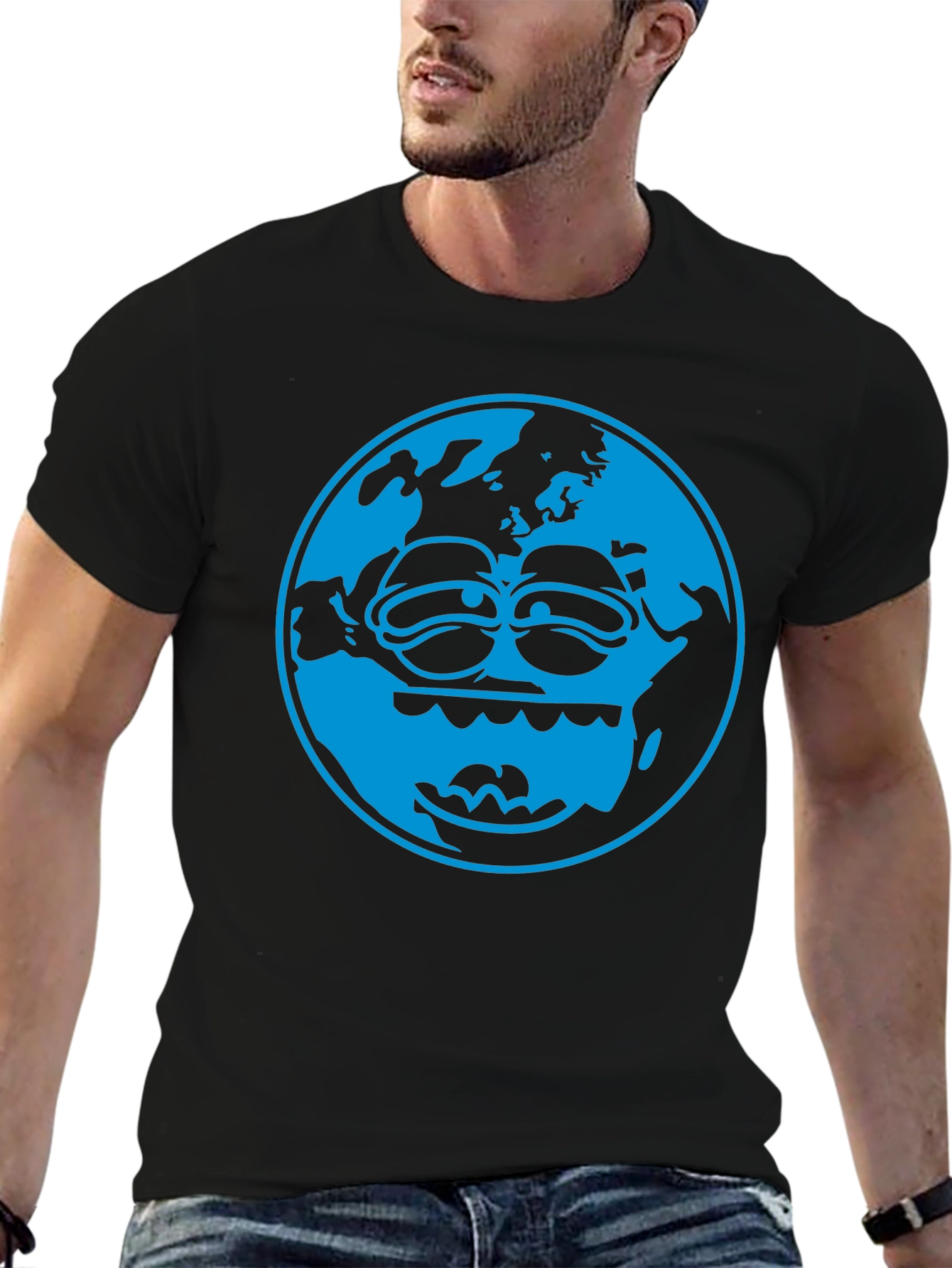 Cartoon Earth Graphic Tee - Black Cotton T-Shirt