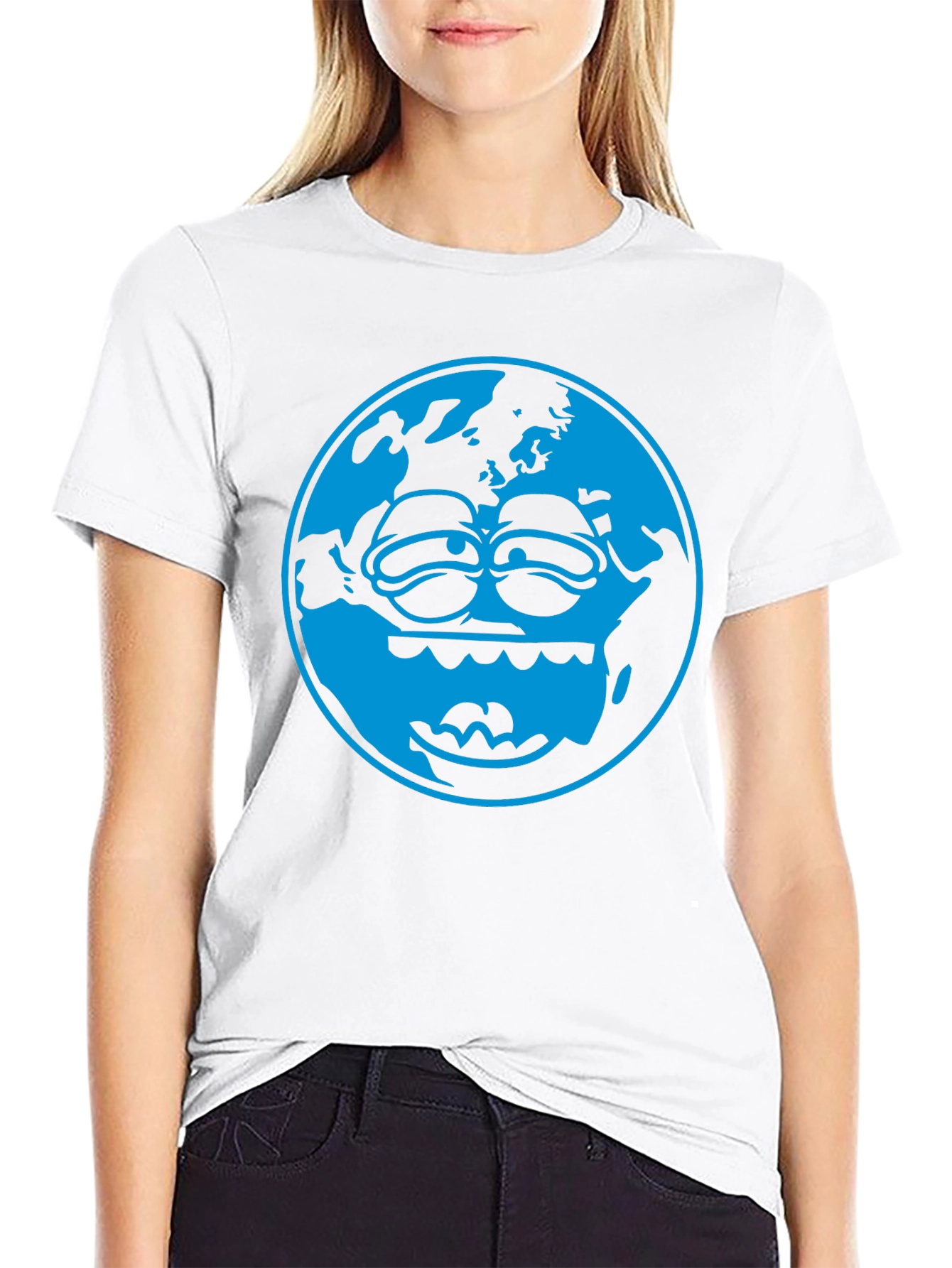 Cartoon Earth Graphic Tee - Black Cotton T-Shirt