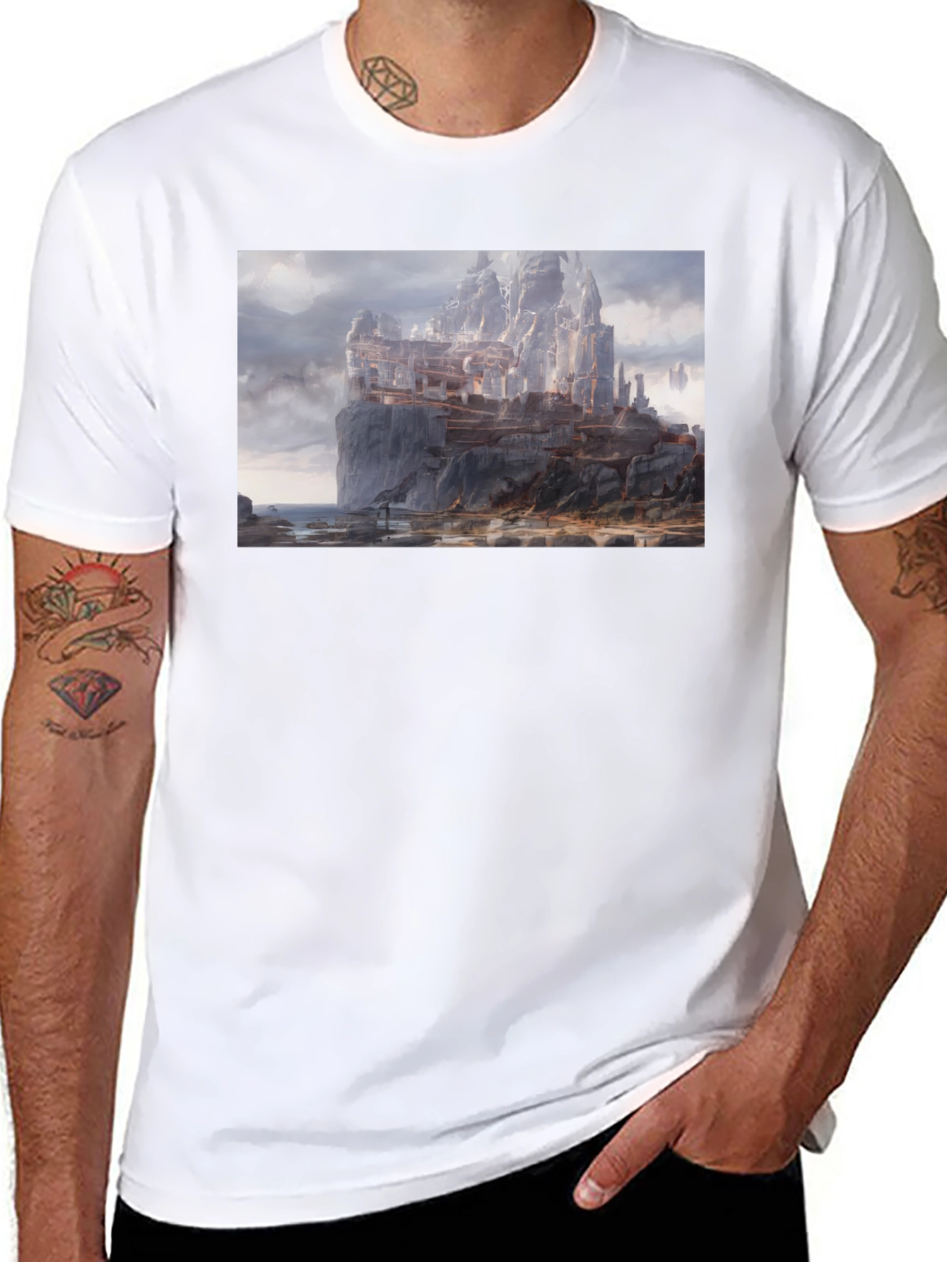 Fantasy Cliffside City Graphic T-Shirt