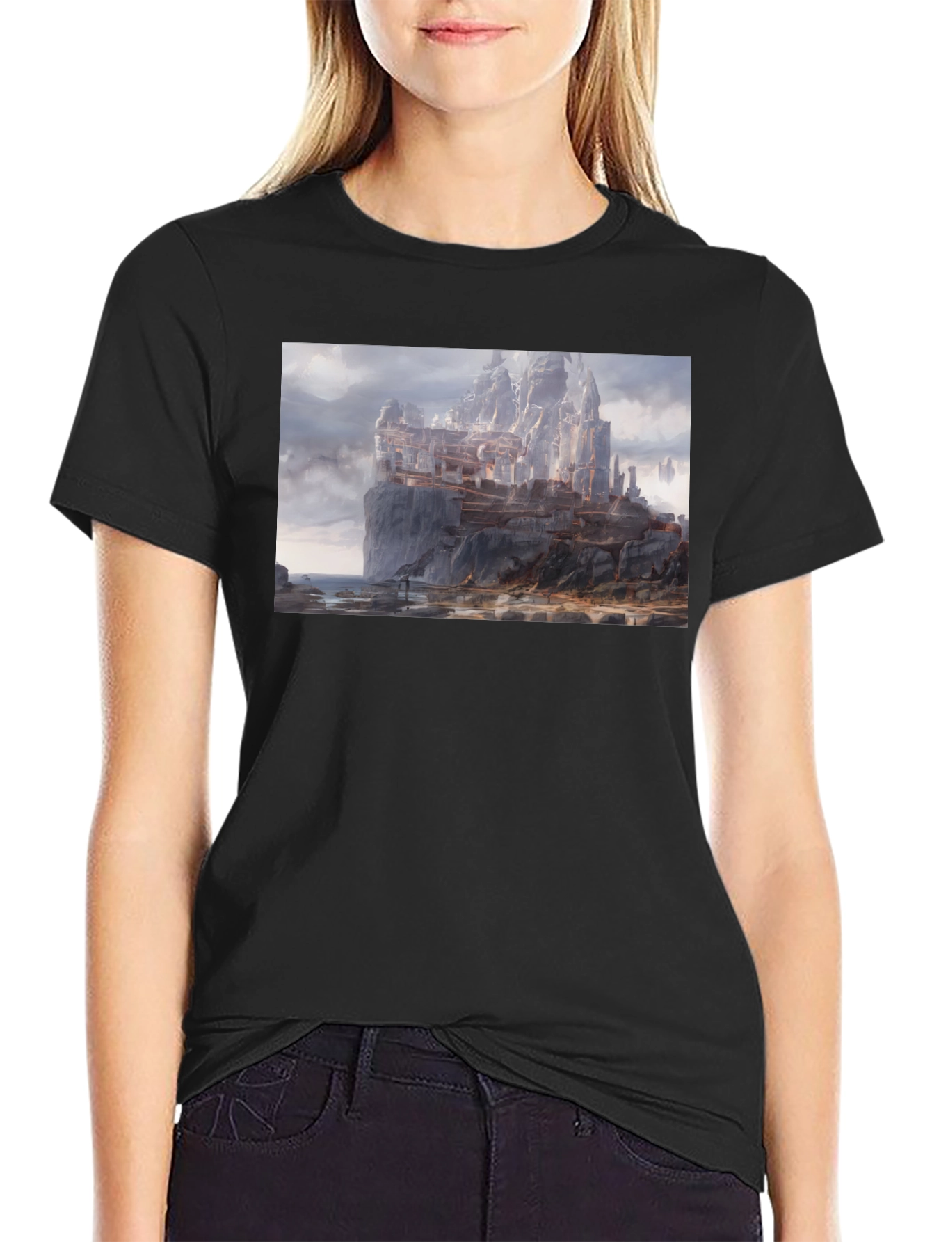 Fantasy Cliffside City Graphic T-Shirt
