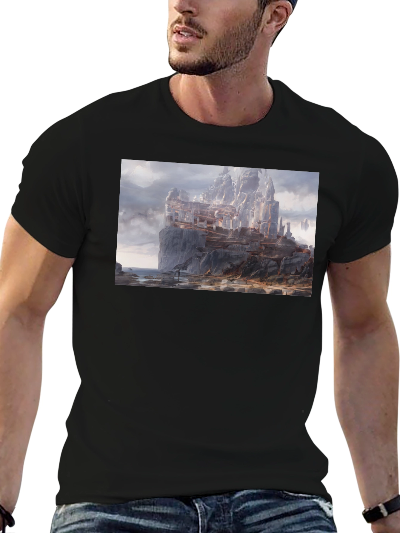 Fantasy Cliffside City Graphic T-Shirt