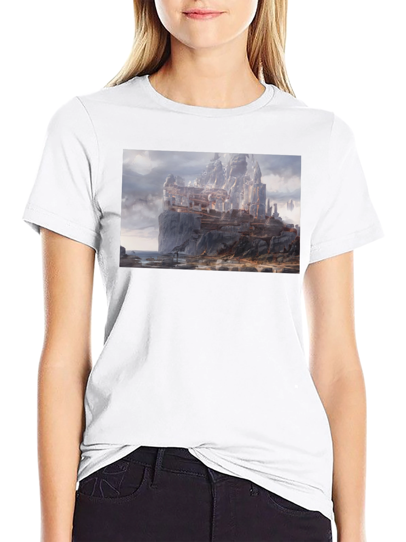 Fantasy Cliffside City Graphic T-Shirt
