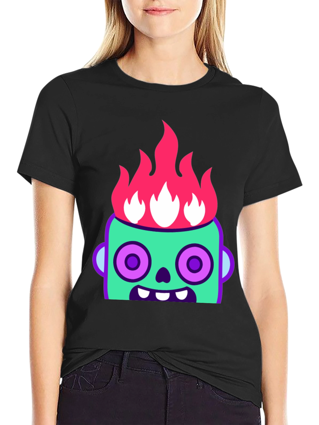 Flaming Zombie Head Graphic Tee - Black