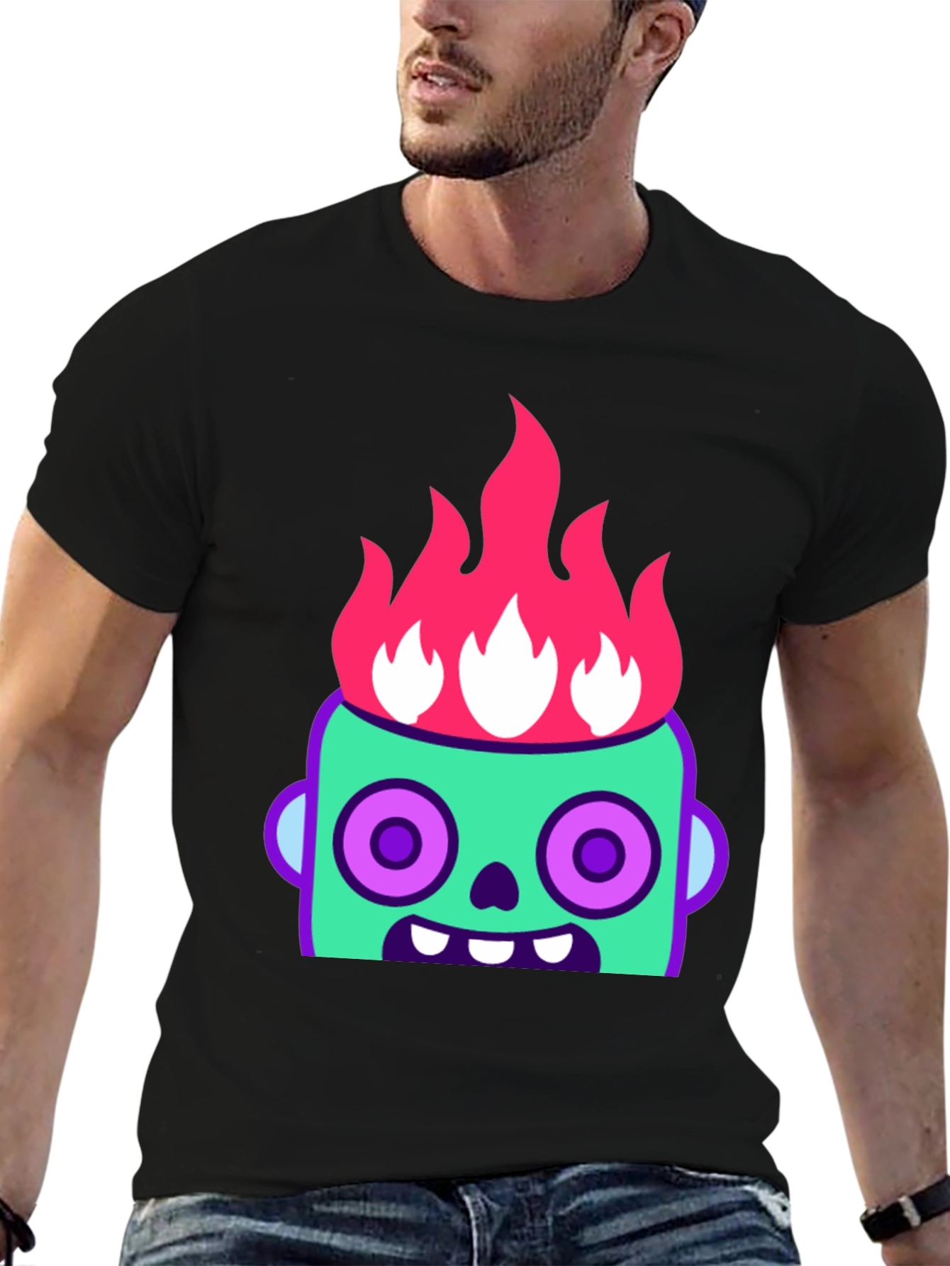 Flaming Zombie Head Graphic Tee - Black