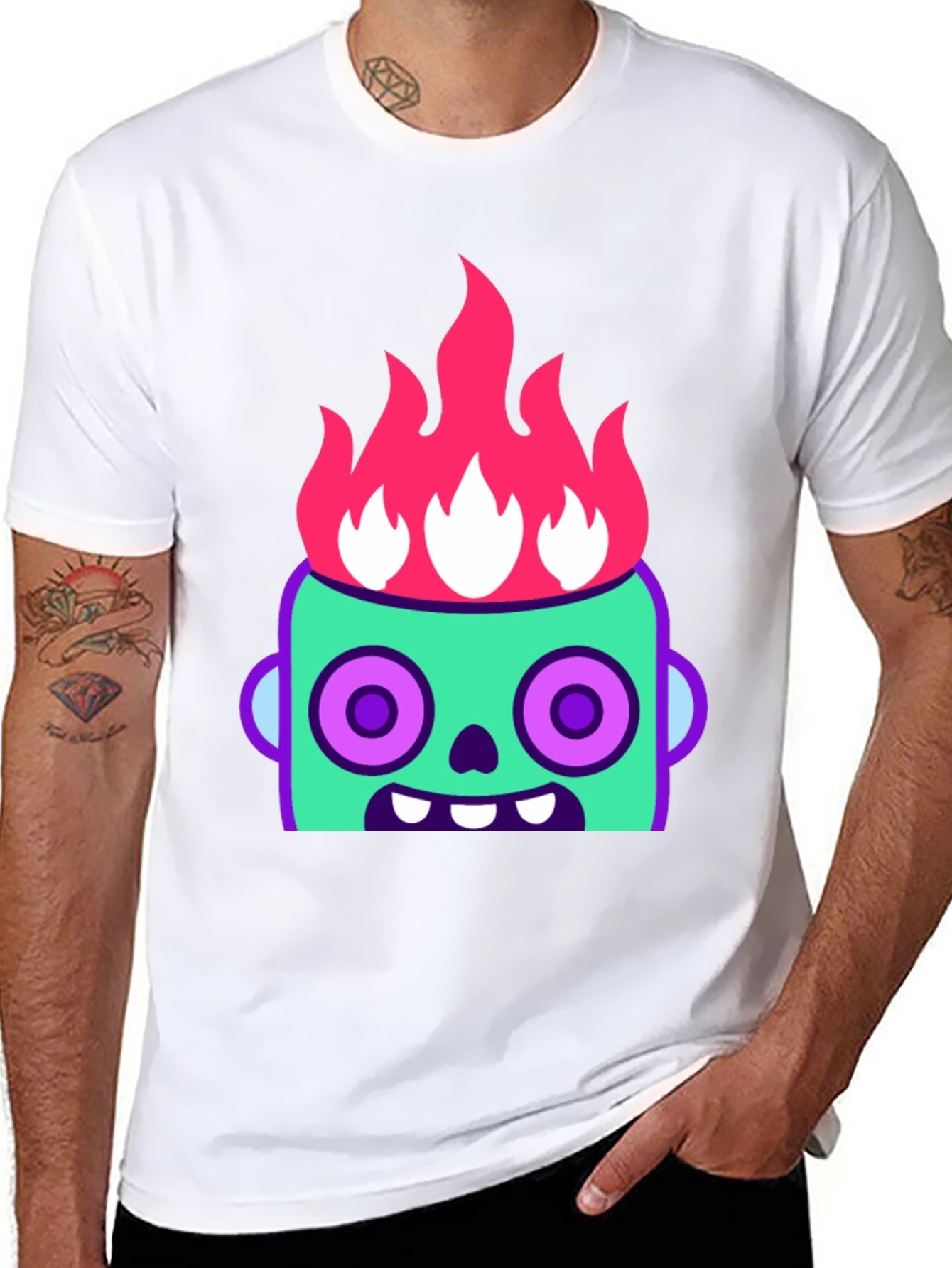 Flaming Zombie Head Graphic Tee - Black