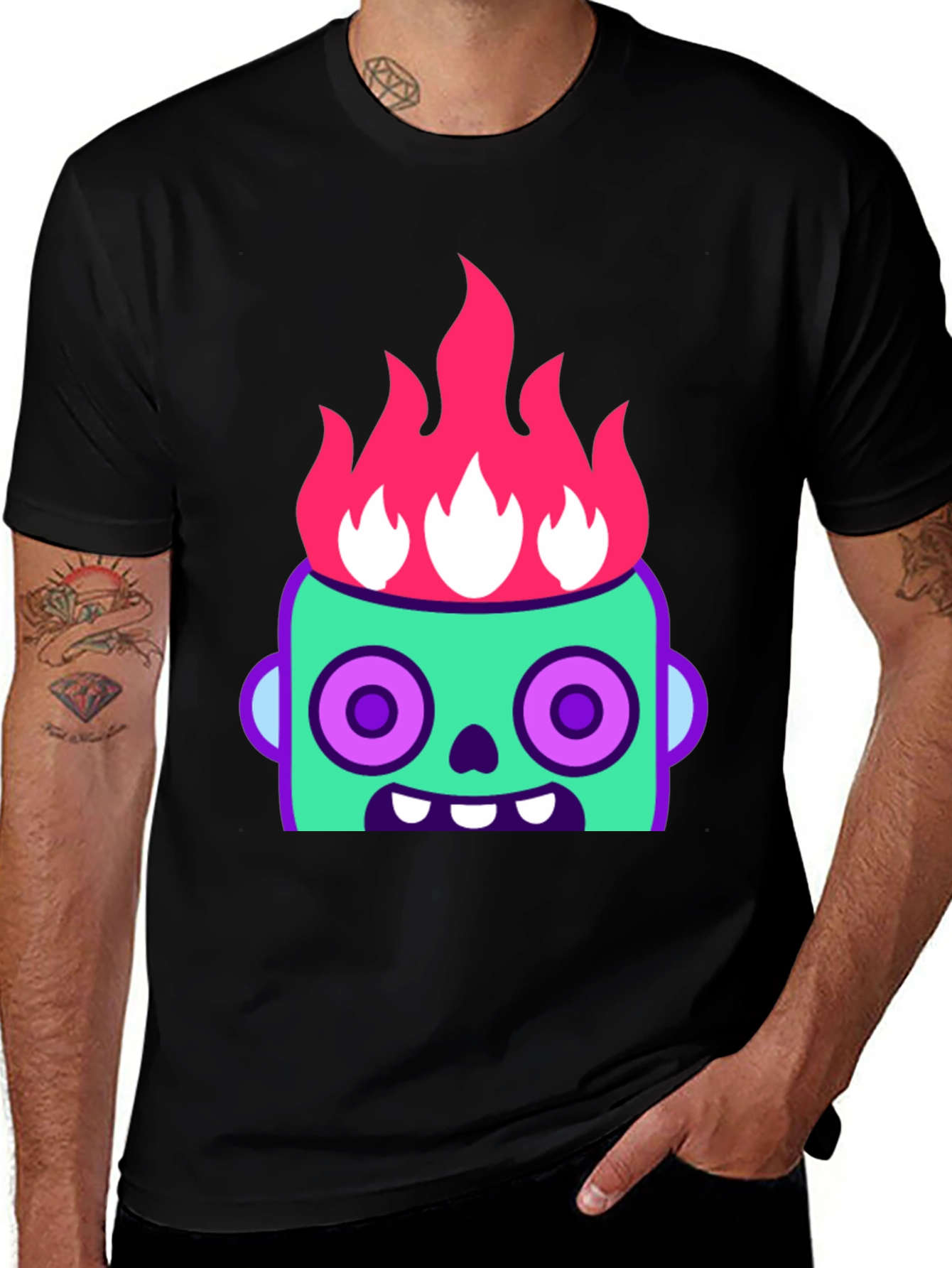 Flaming Zombie Head Graphic Tee - Black