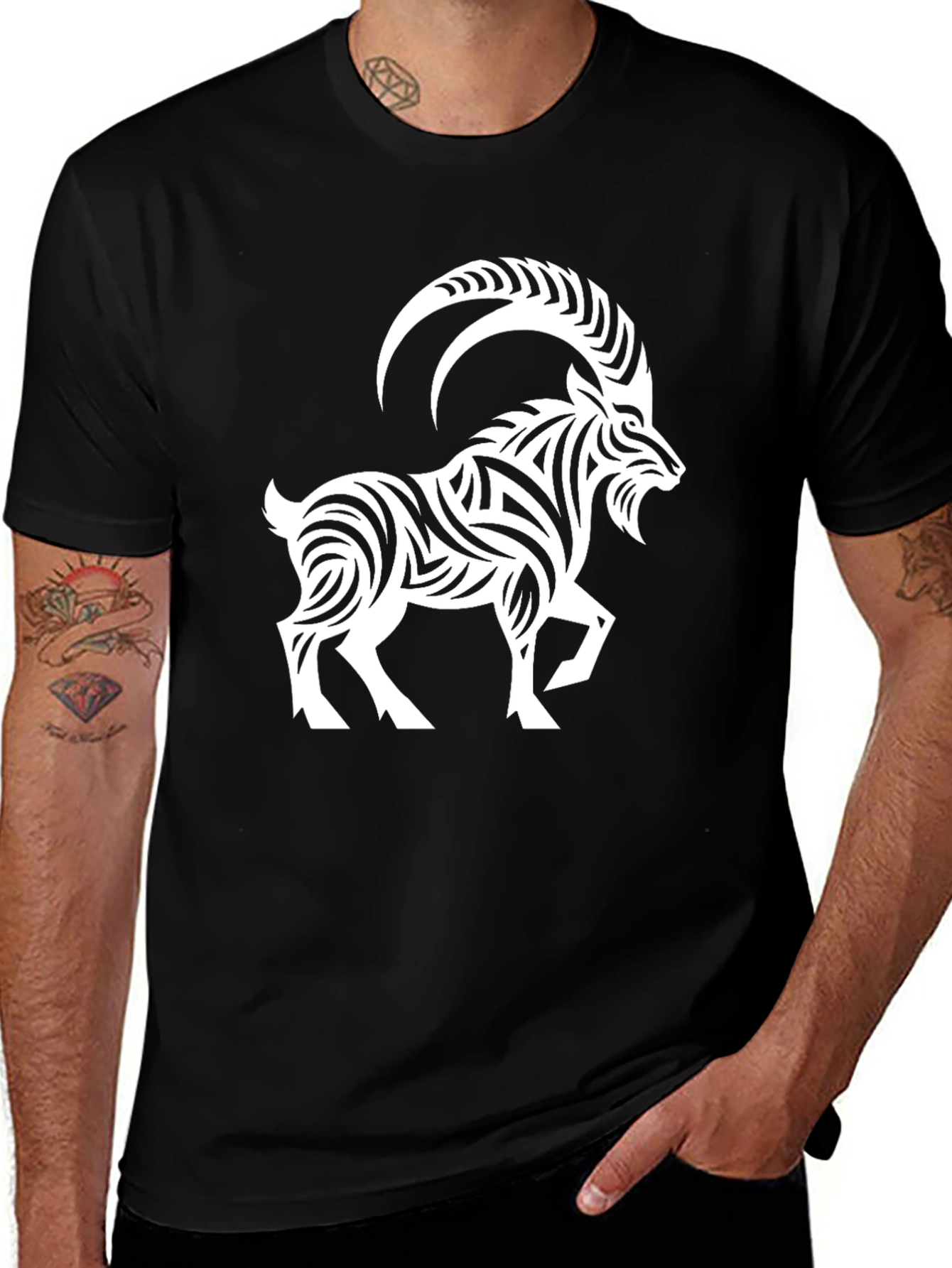 Tribal Goat Graphic Tee - Stylish Black T-Shirt