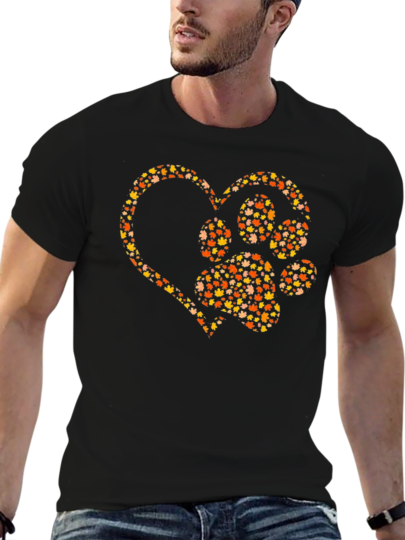 Heart Paw Print Graphic Tee - Fall Leaves Design