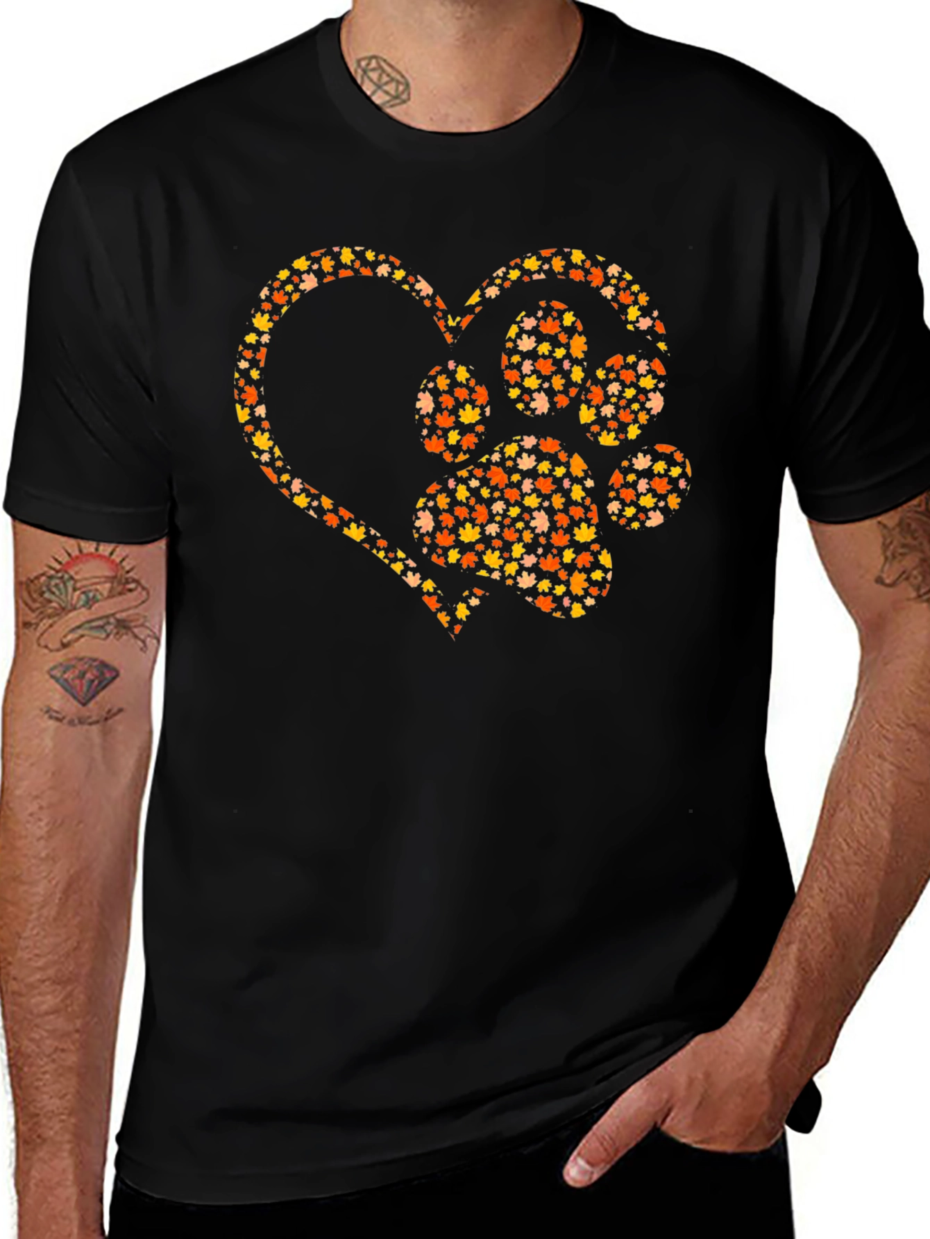 Heart Paw Print Graphic Tee - Fall Leaves Design