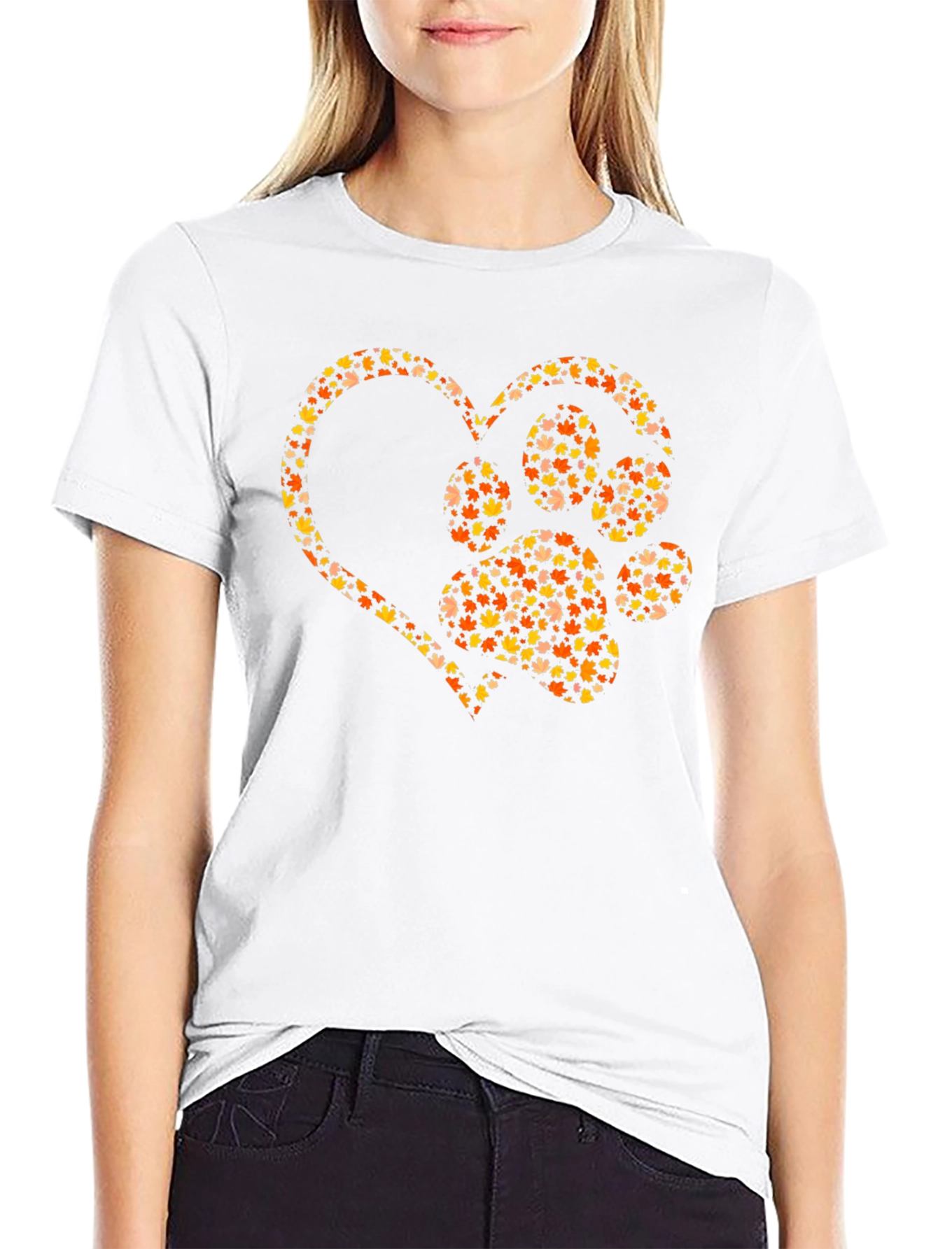 Heart Paw Print Graphic Tee - Fall Leaves Design
