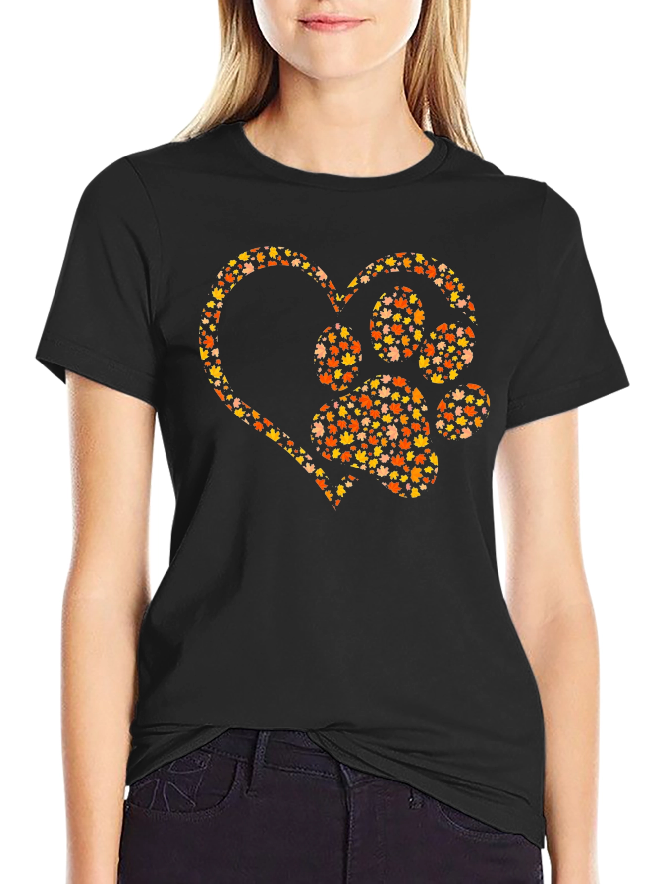 Heart Paw Print Graphic Tee - Fall Leaves Design