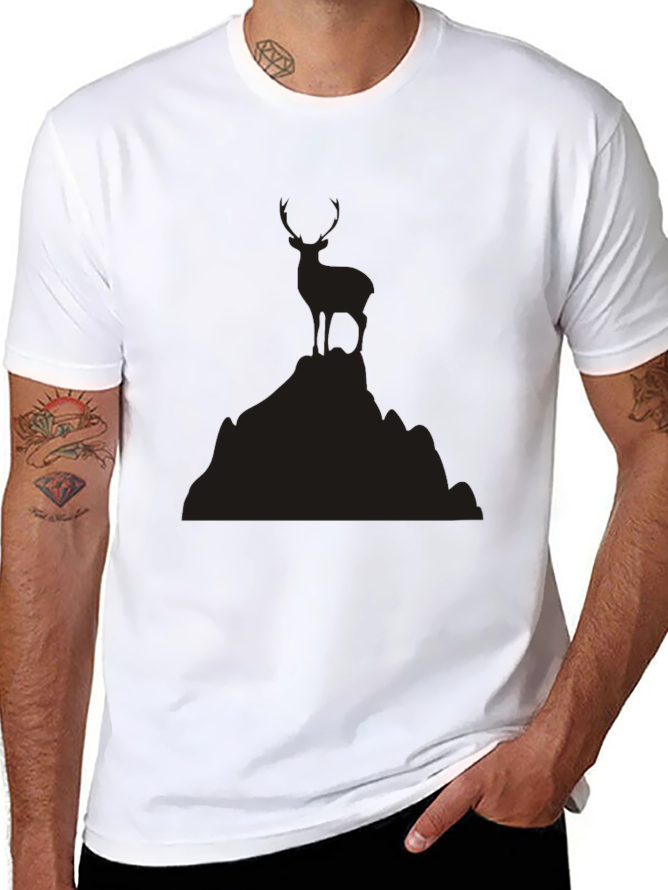 Mens Black Deer Graphic Tee - Mountain Scene
