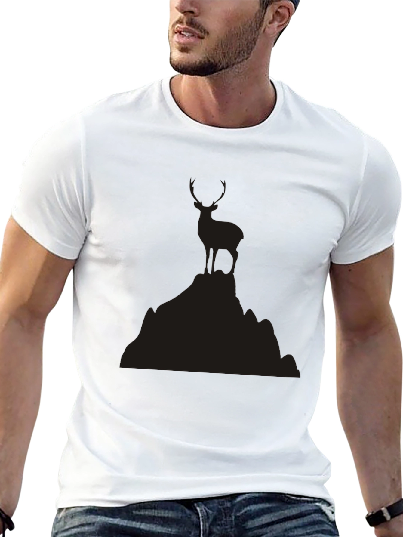 Mens Black Deer Graphic Tee - Mountain Scene