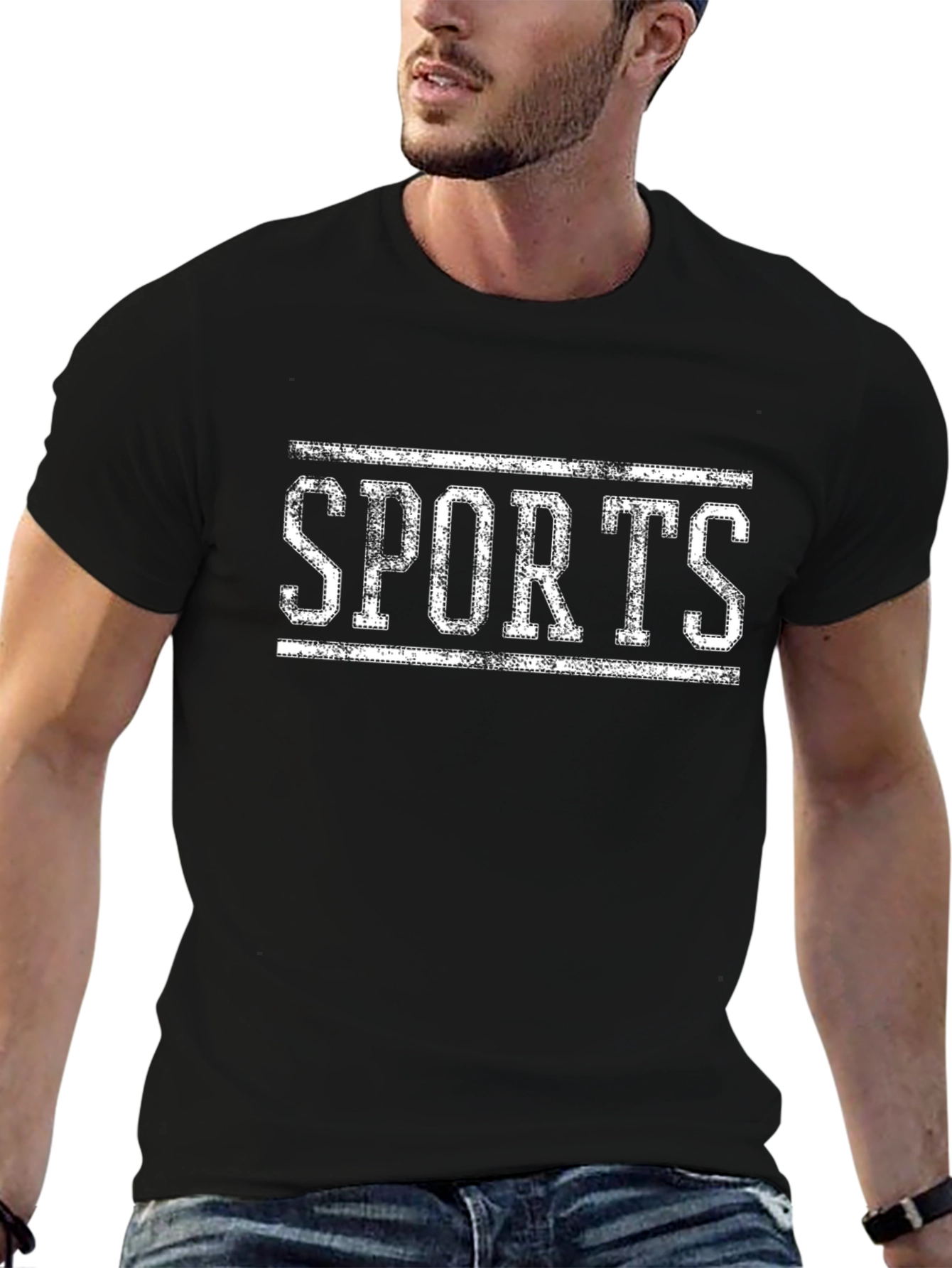 Distressed SPORTS Graphic Tee - Black Cotton T-Shirt