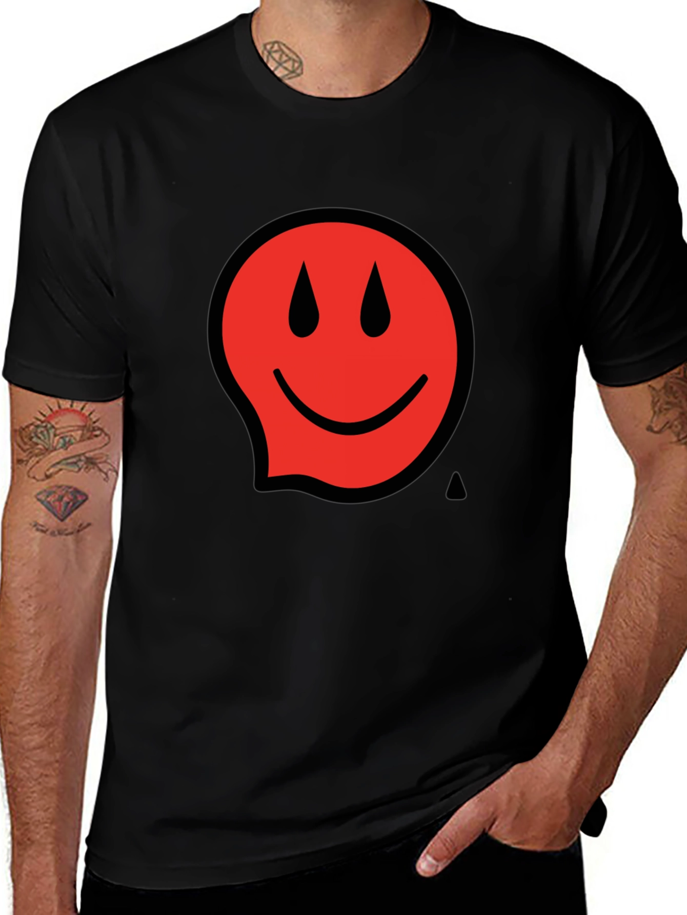 Red Smiley Face Black T-Shirt