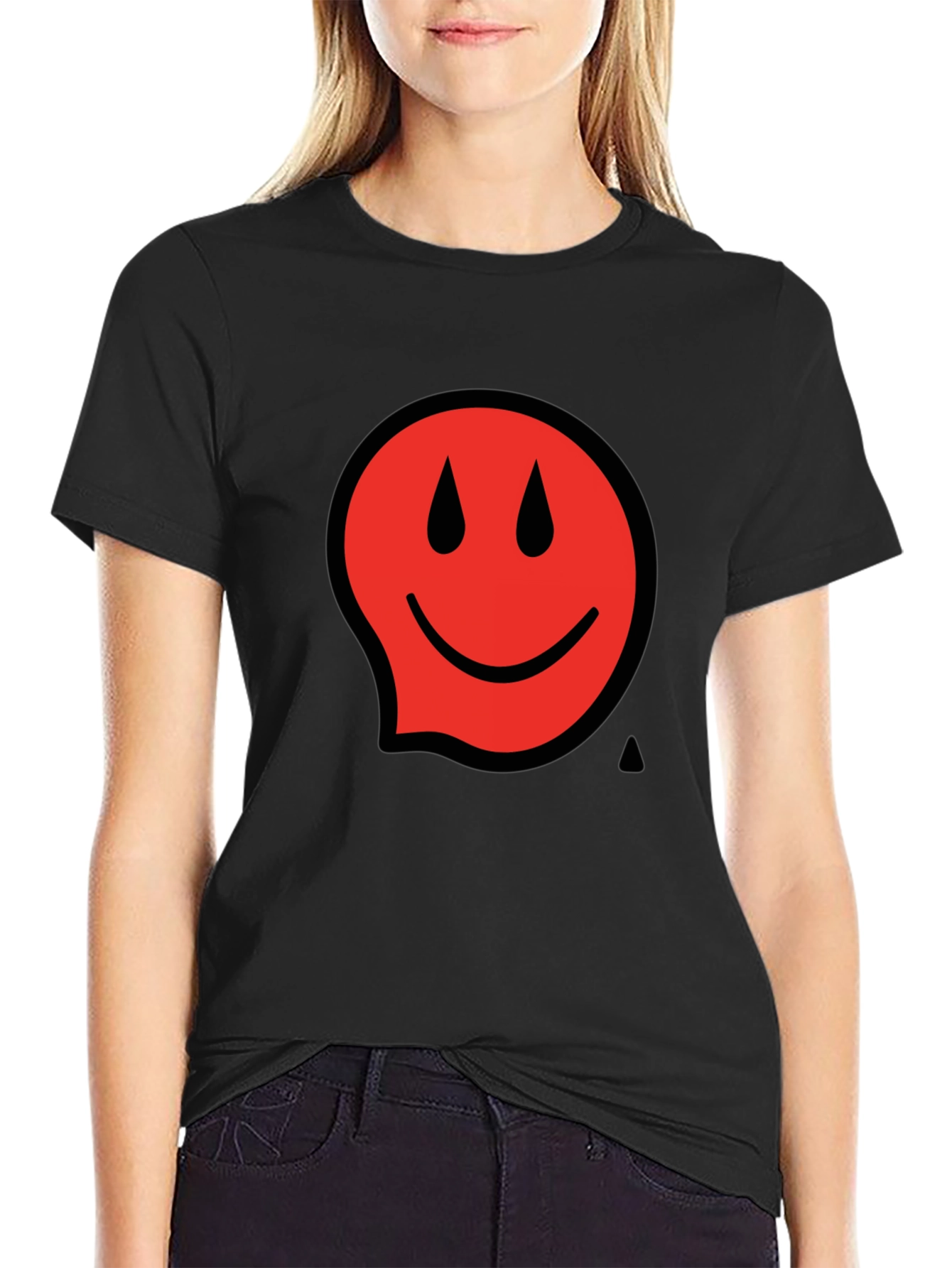 Red Smiley Face Black T-Shirt
