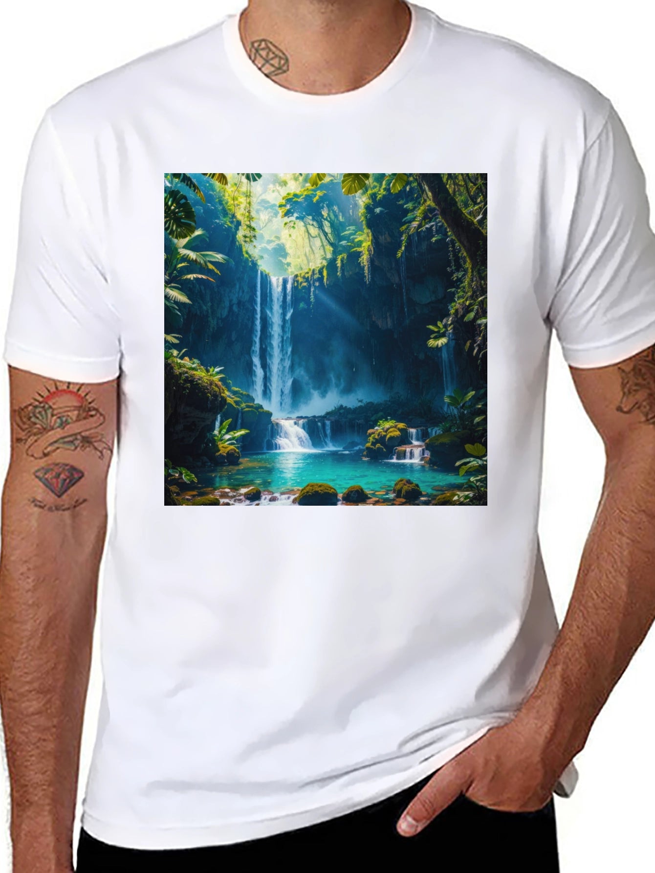 Tropical Waterfall Graphic Tee - Nature Lovers Black T-Shirt