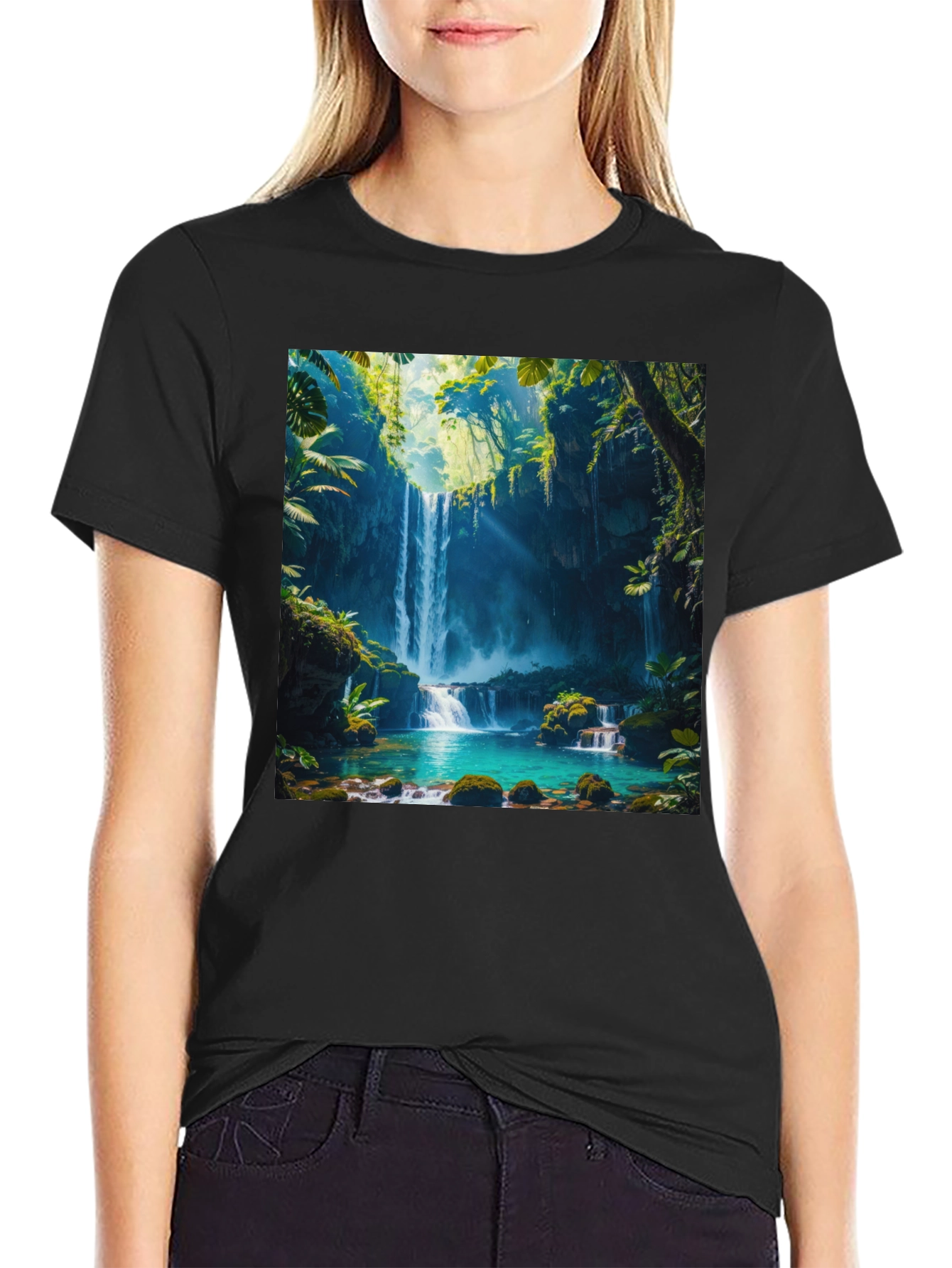 Tropical Waterfall Graphic Tee - Nature Lovers Black T-Shirt