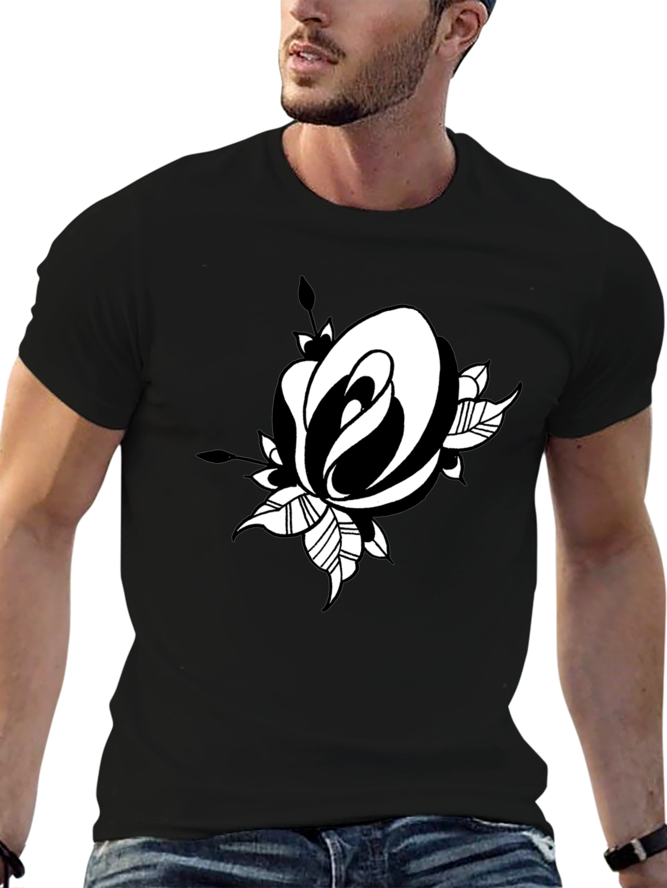 Black T-Shirt with Rose Graphic Print