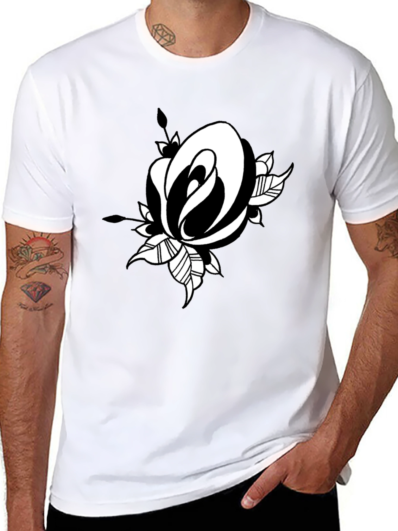Black T-Shirt with Rose Graphic Print