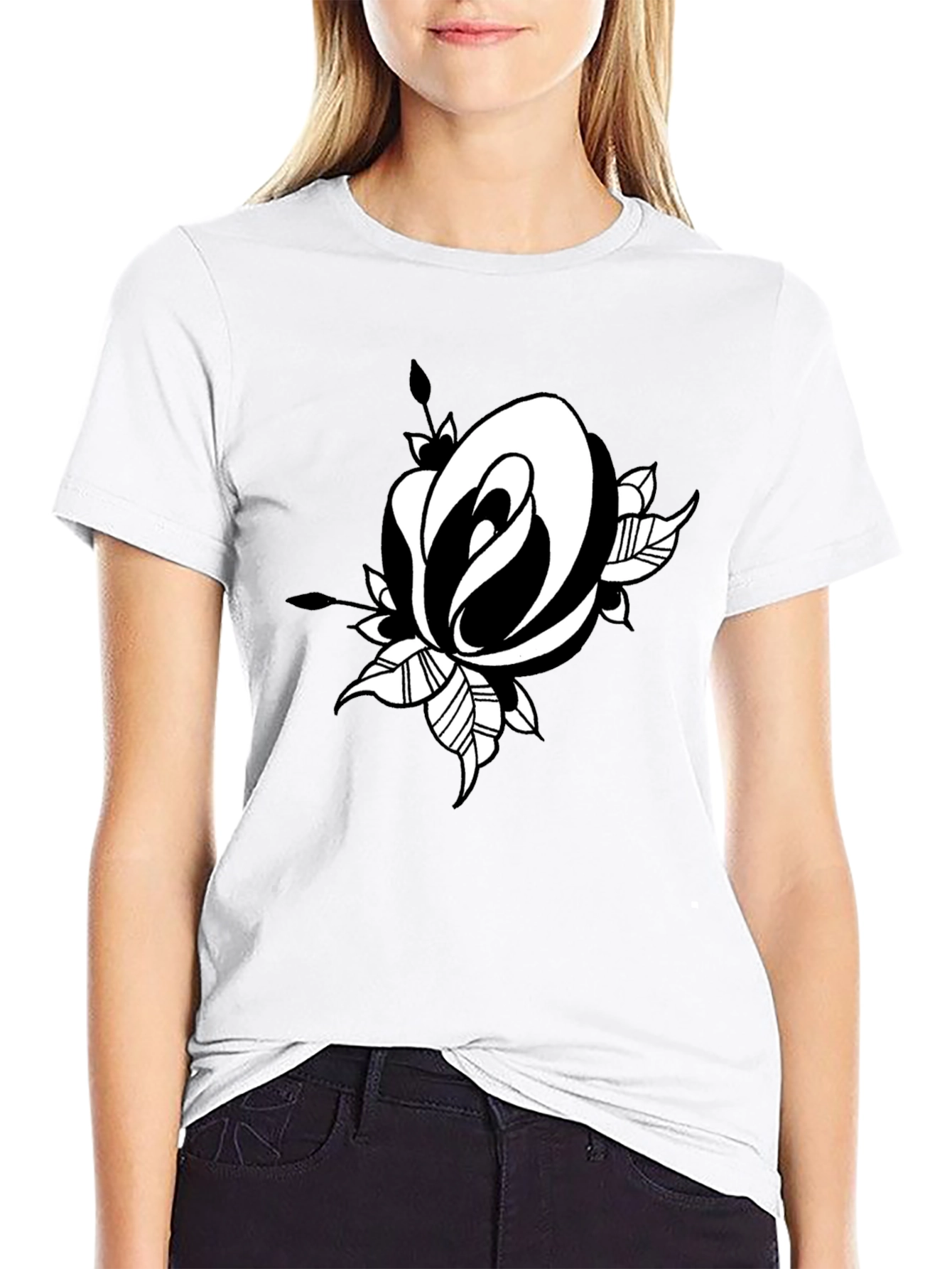 Black T-Shirt with Rose Graphic Print