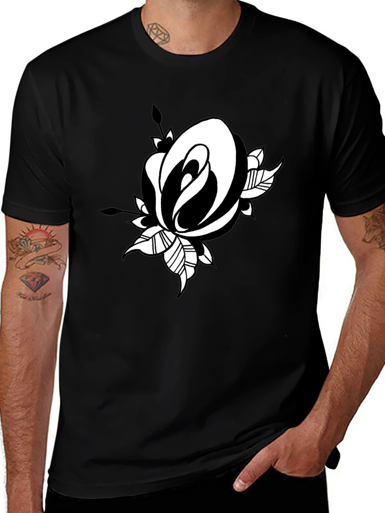 Black T-Shirt with Rose Graphic Print