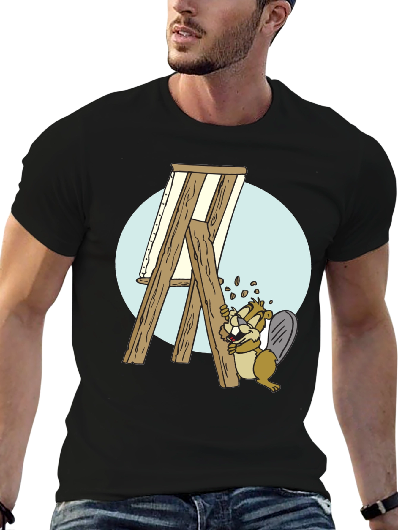 Cartoon Beaver Artist Graphic T-Shirt