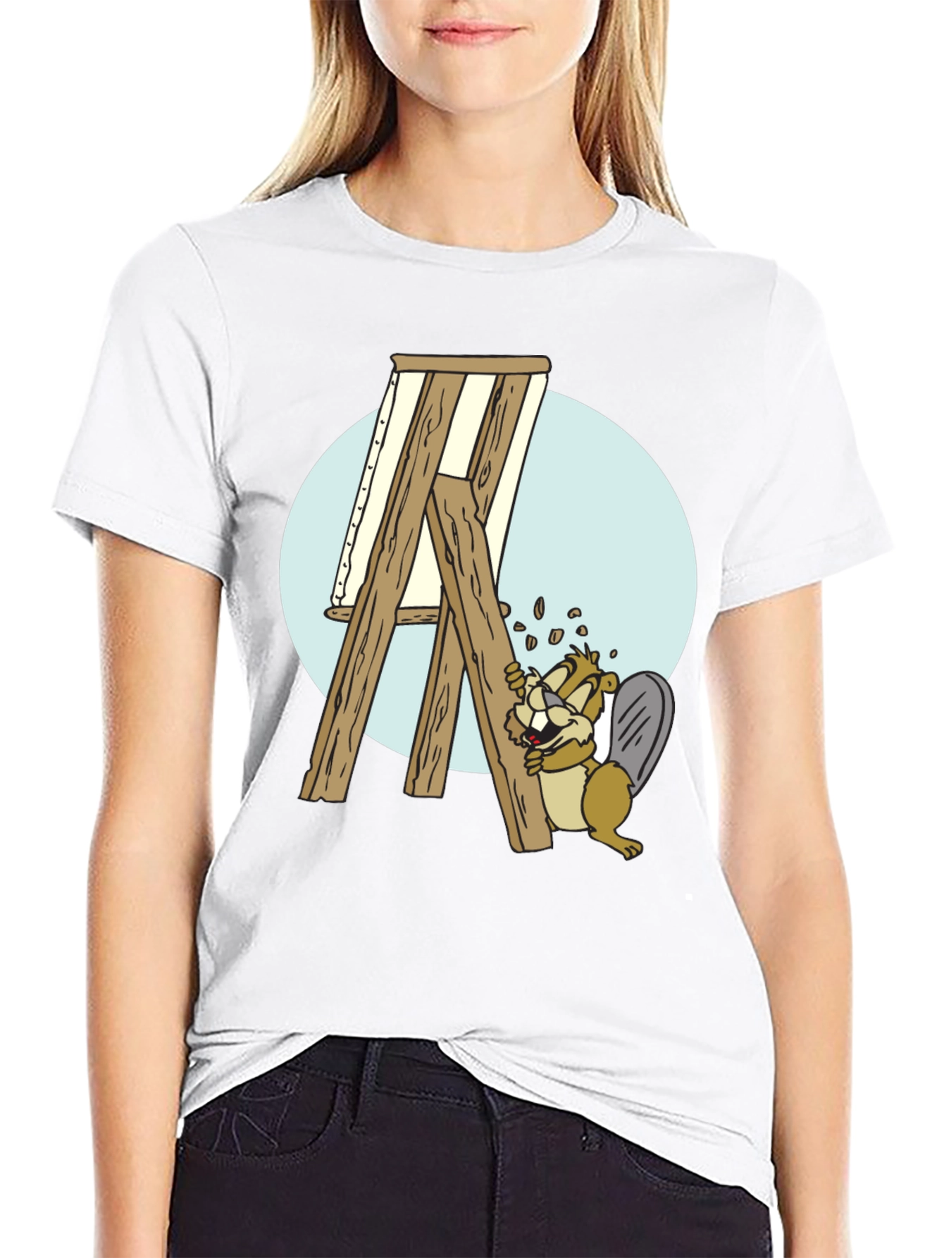 Cartoon Beaver Artist Graphic T-Shirt