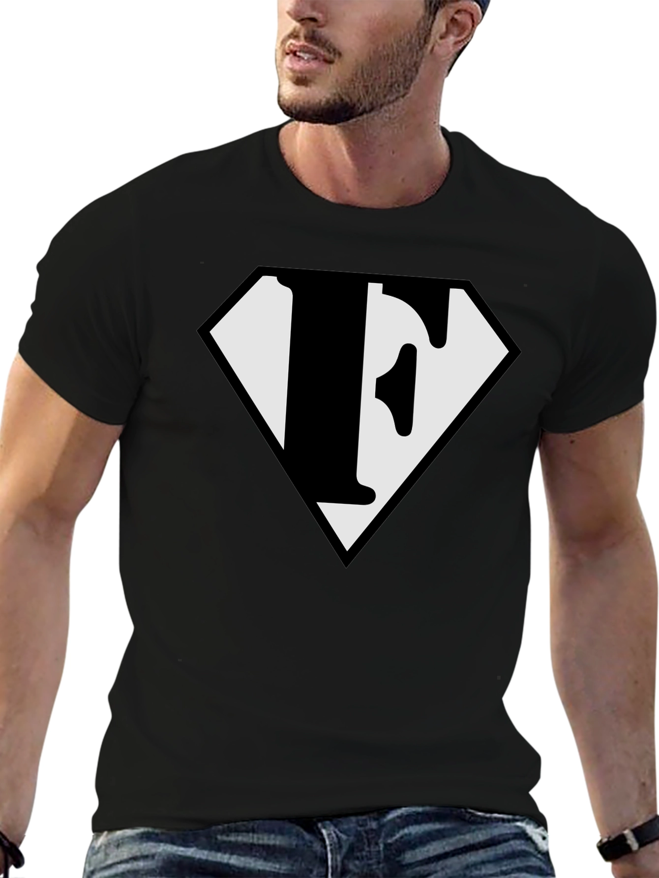 Letter F Superhero Logo Black T-Shirt