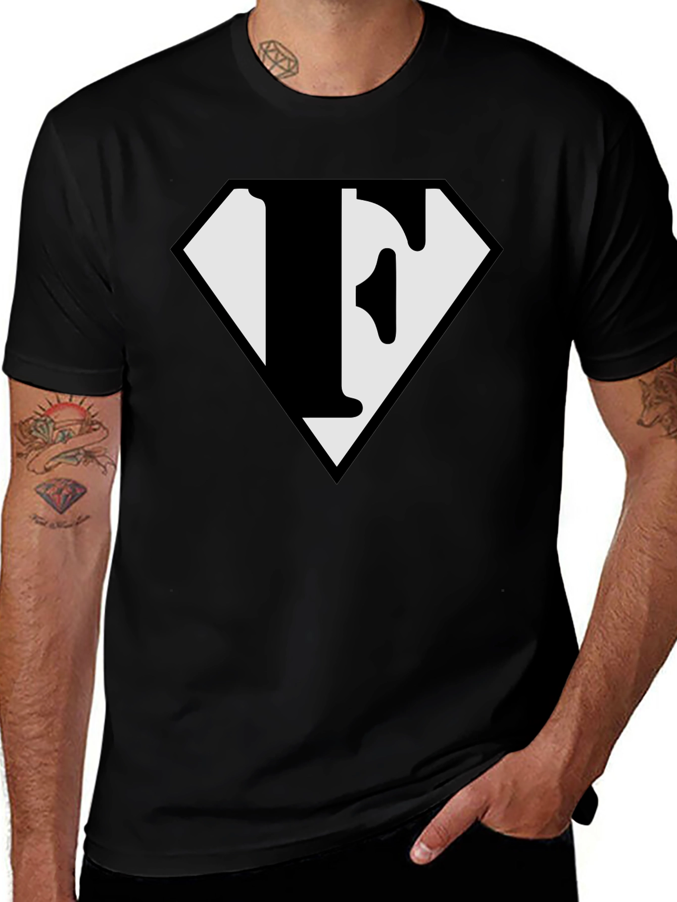 Letter F Superhero Logo Black T-Shirt