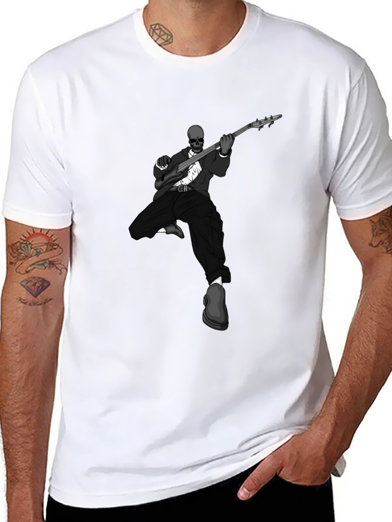 Skeleton Guitarist Graphic Tee - Stylish Mens Black T-Shirt