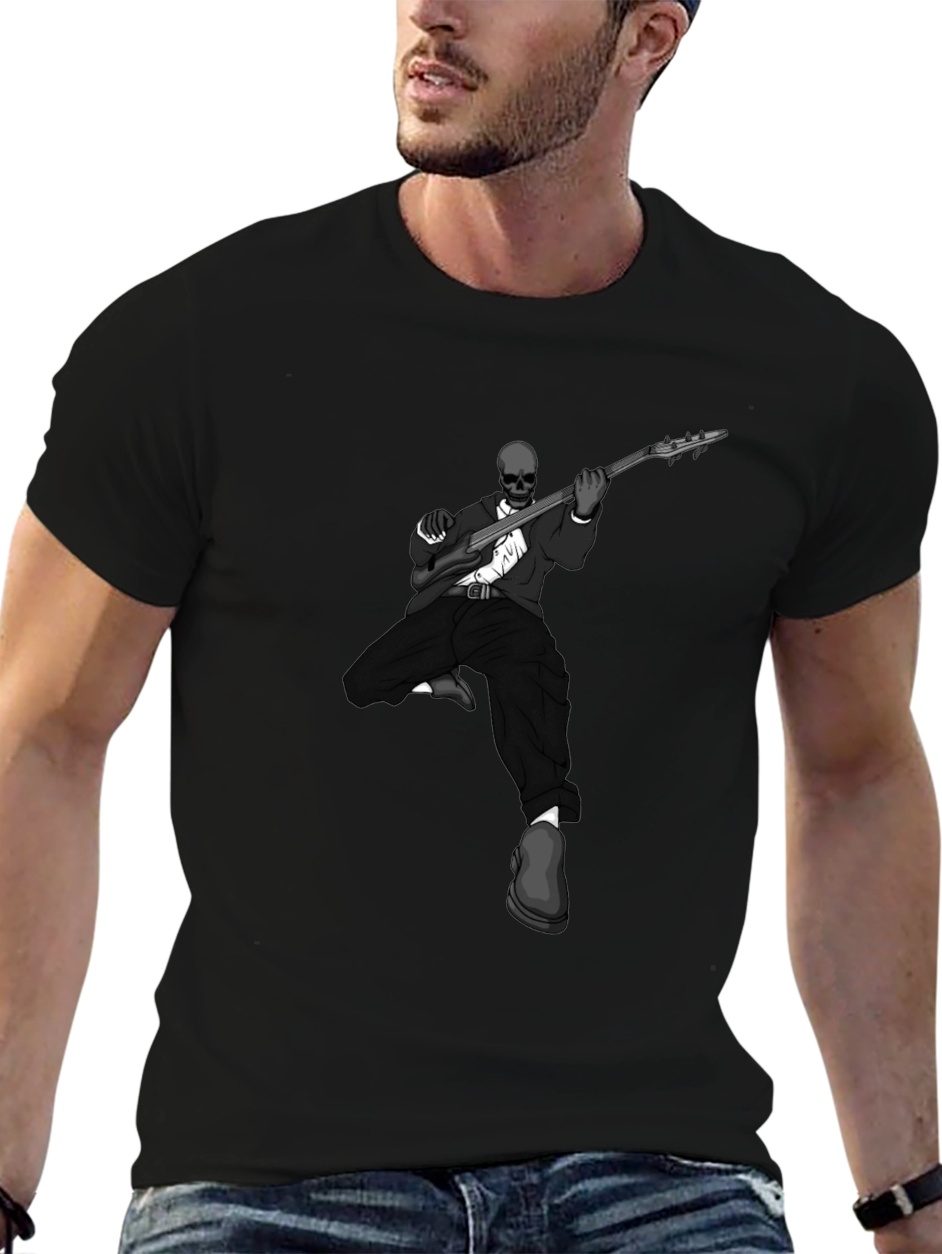 Skeleton Guitarist Graphic Tee - Stylish Mens Black T-Shirt