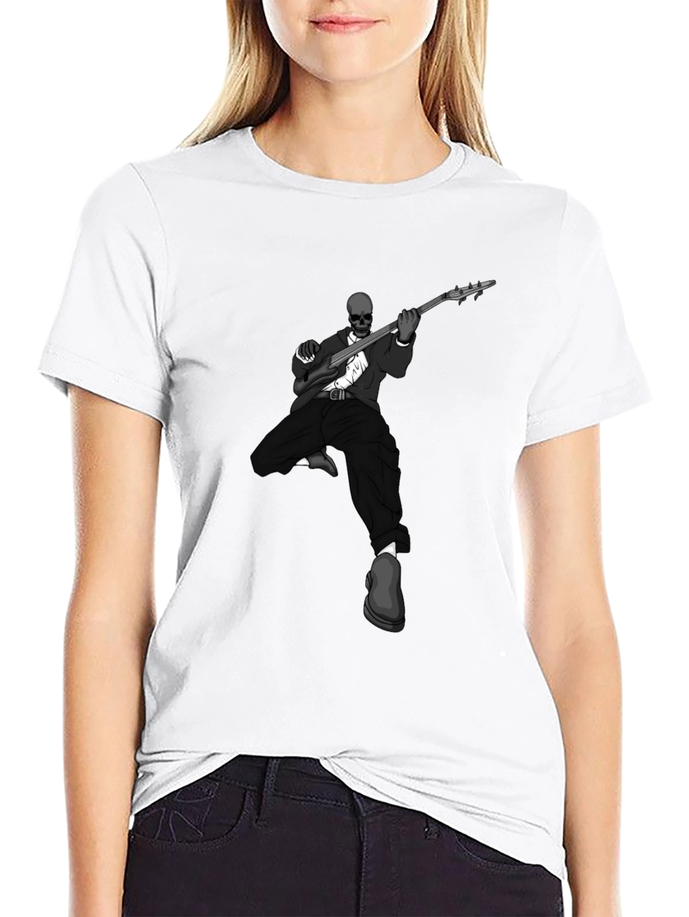 Skeleton Guitarist Graphic Tee - Stylish Mens Black T-Shirt