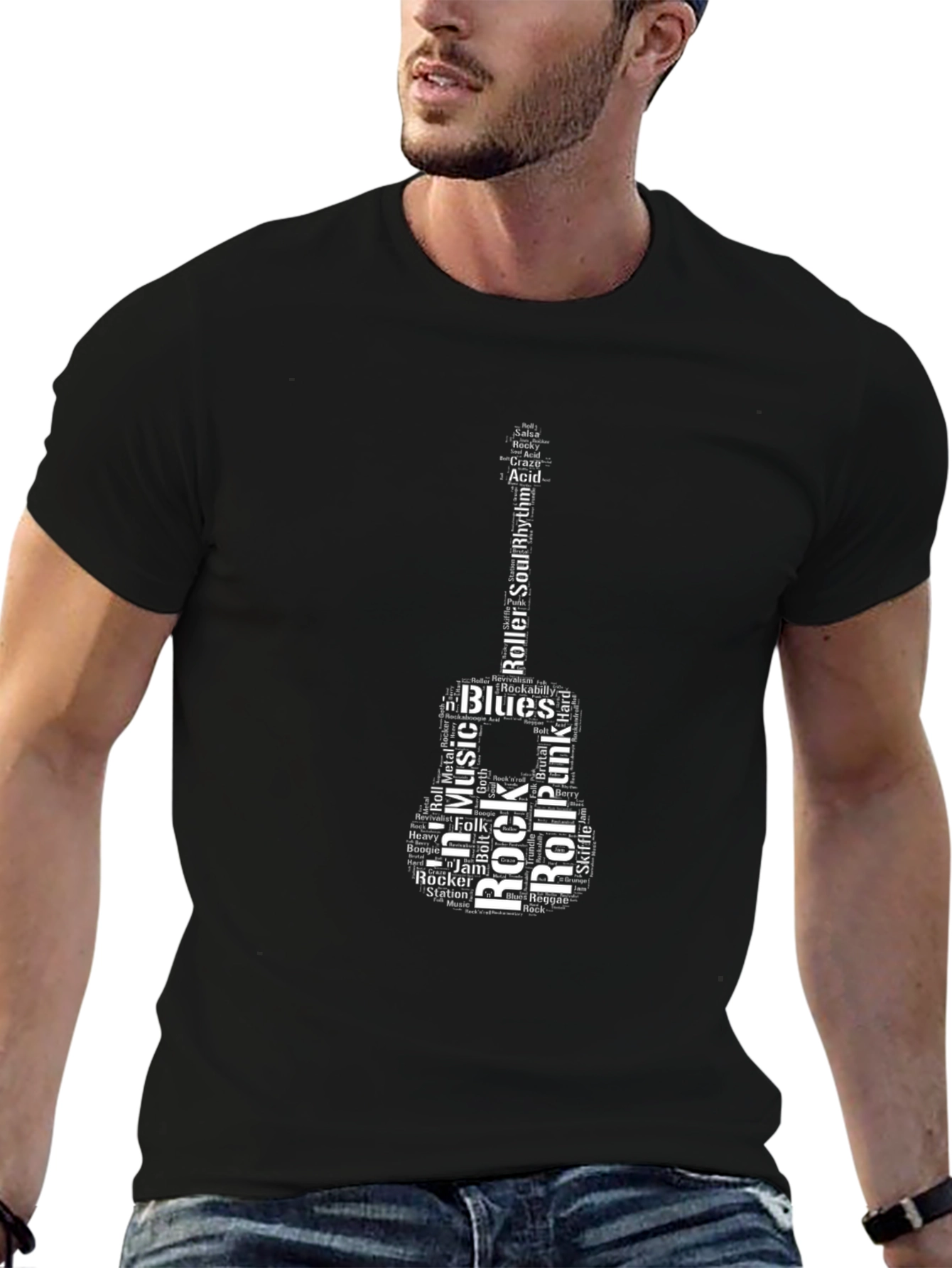 Music Lover Guitar Word Art Black T-Shirt
