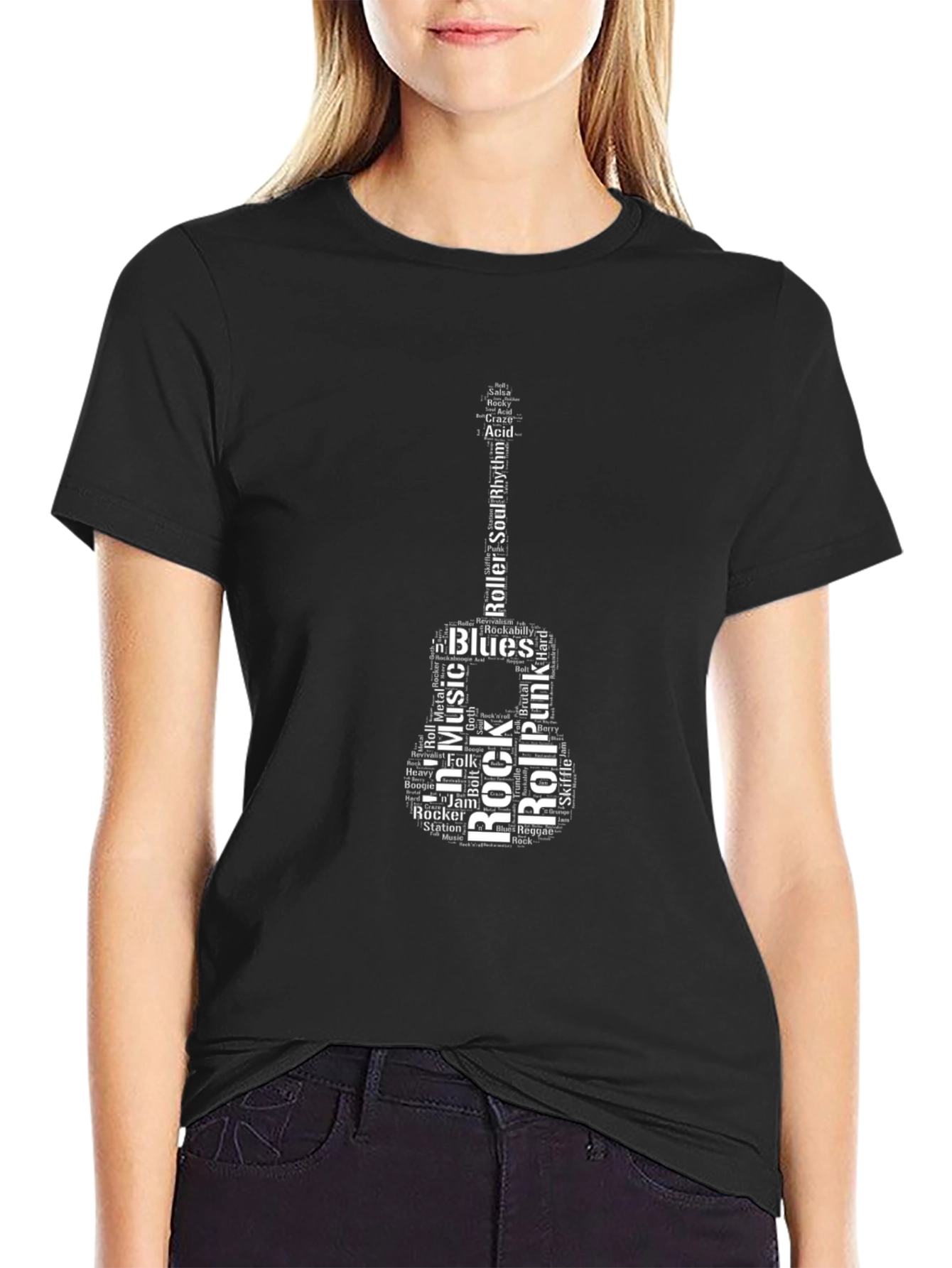Music Lover Guitar Word Art Black T-Shirt