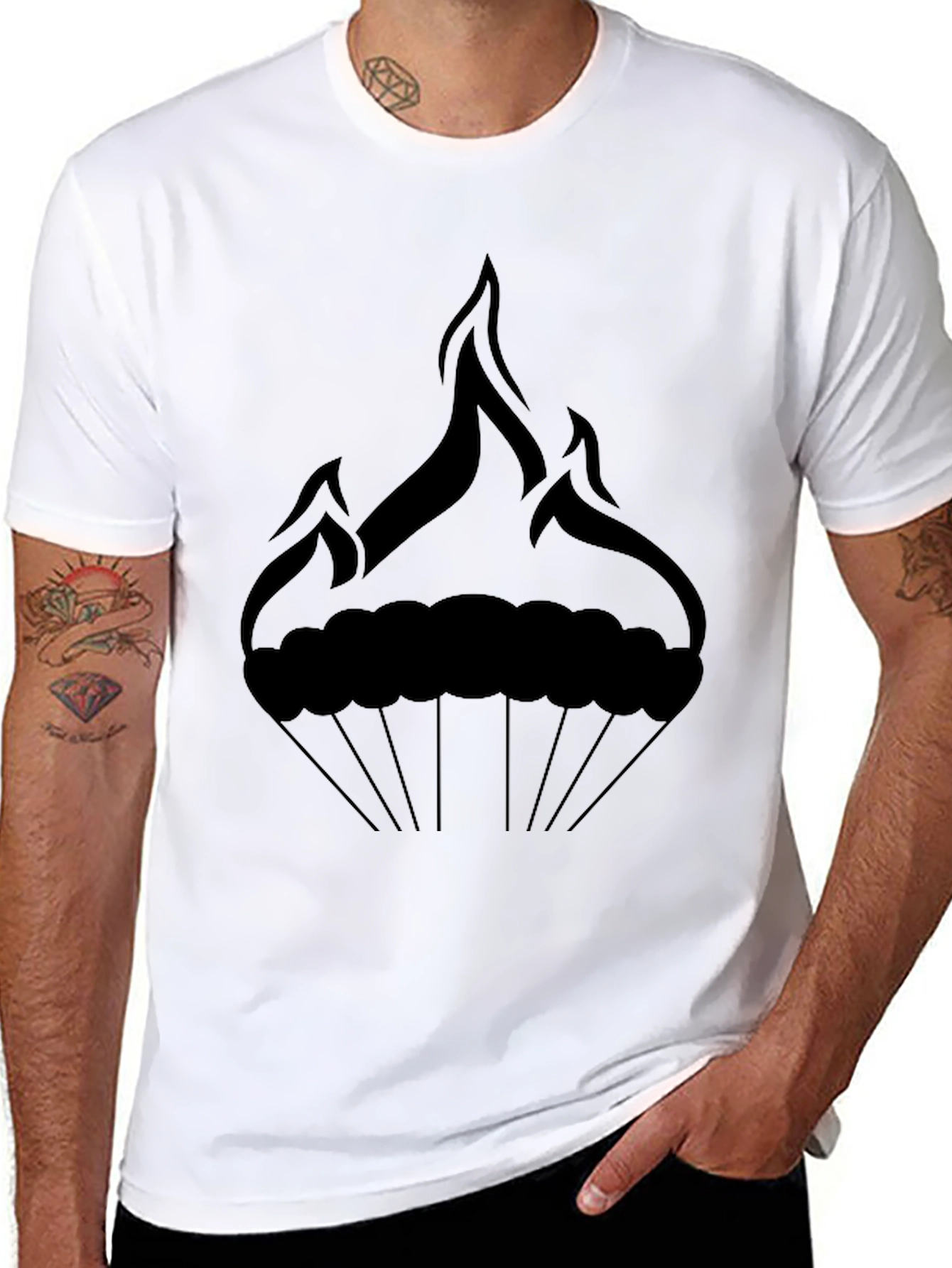 Mens Black Graphic Tee - Fire Cupcake Design