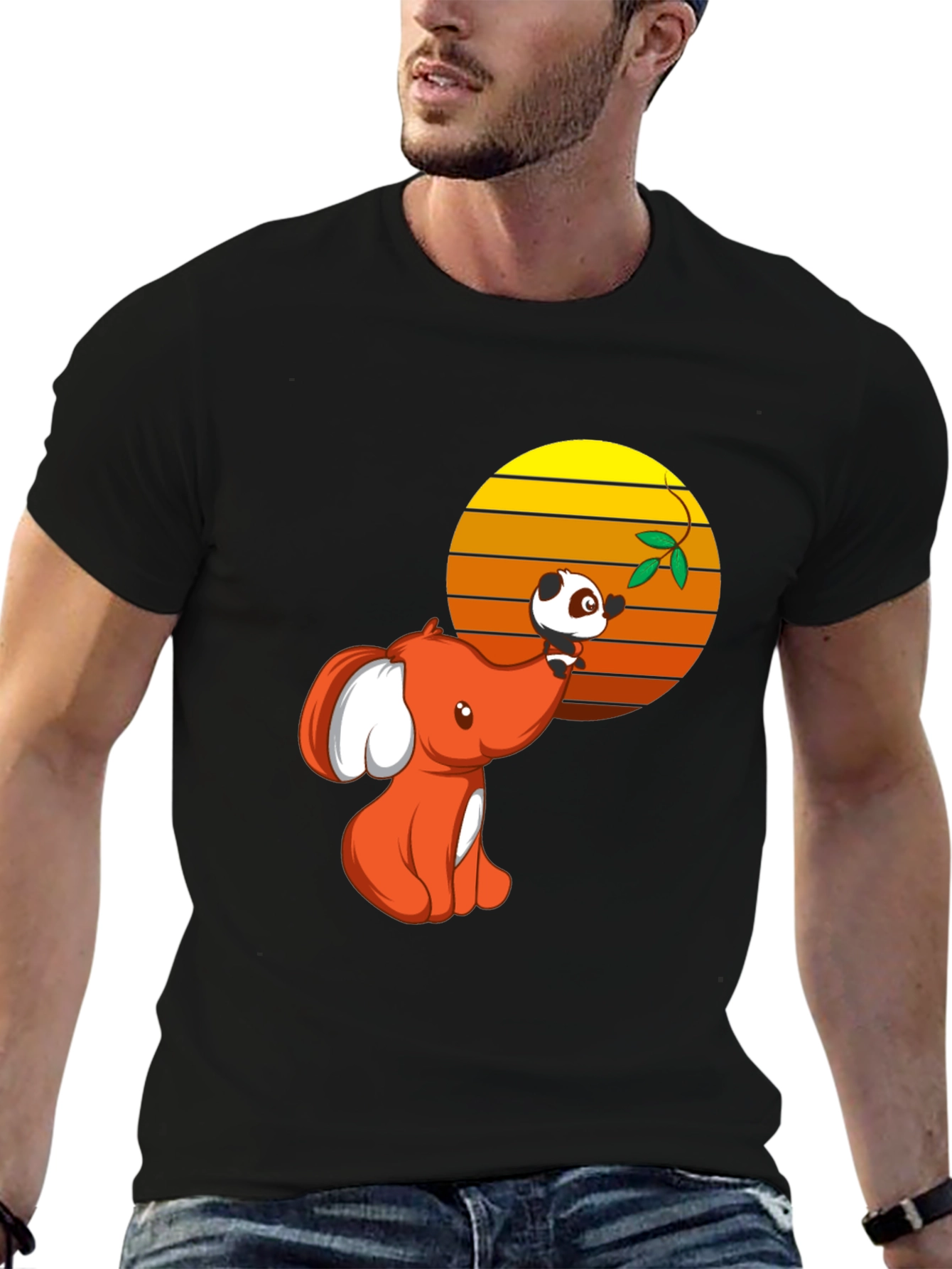 Cute Elephant & Panda Graphic Black T-Shirt