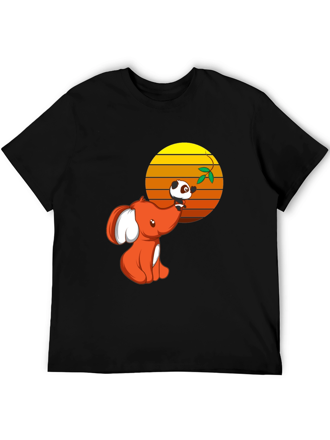 Cute Elephant & Panda Graphic Black T-Shirt