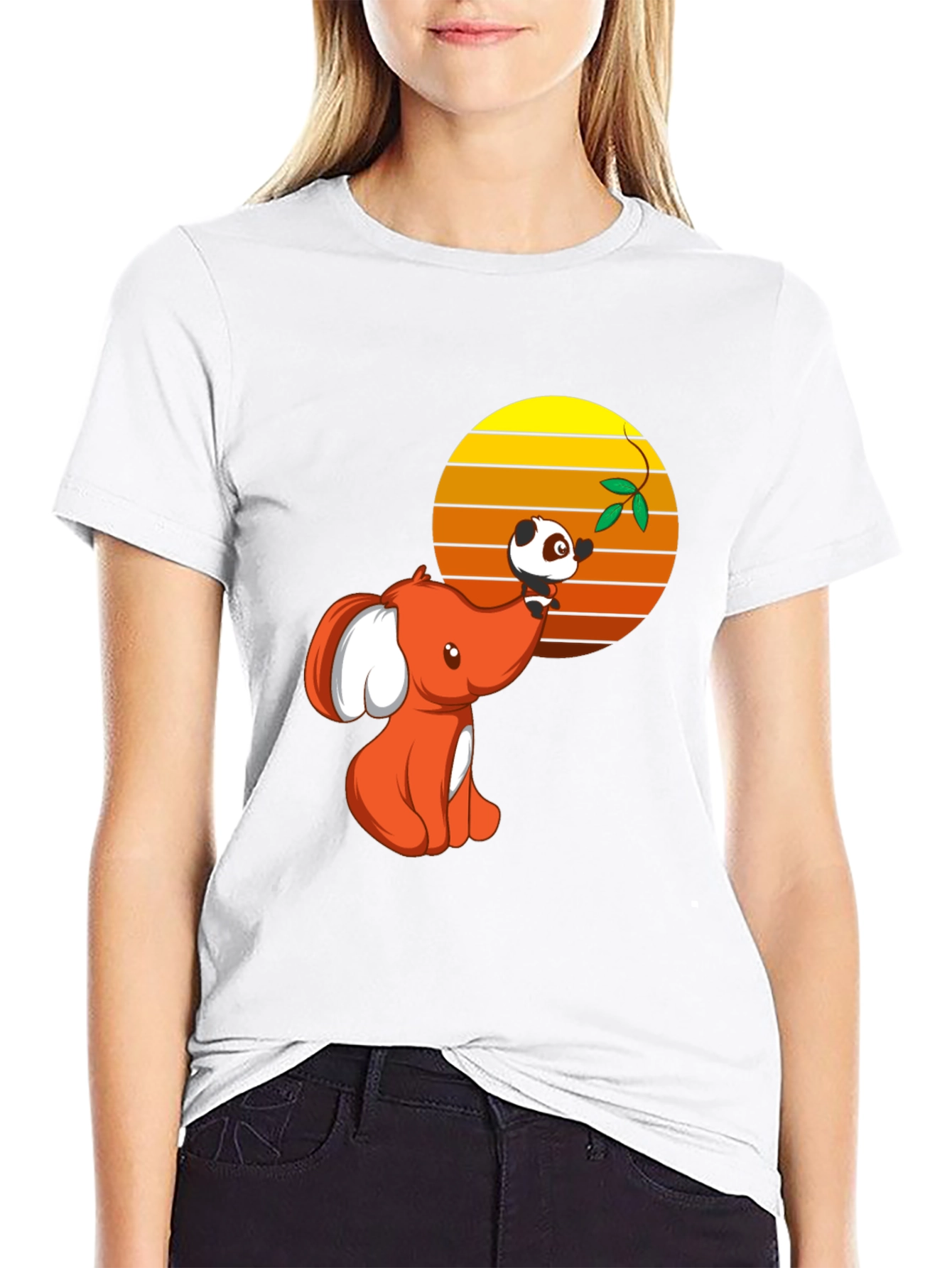 Cute Elephant & Panda Graphic Black T-Shirt