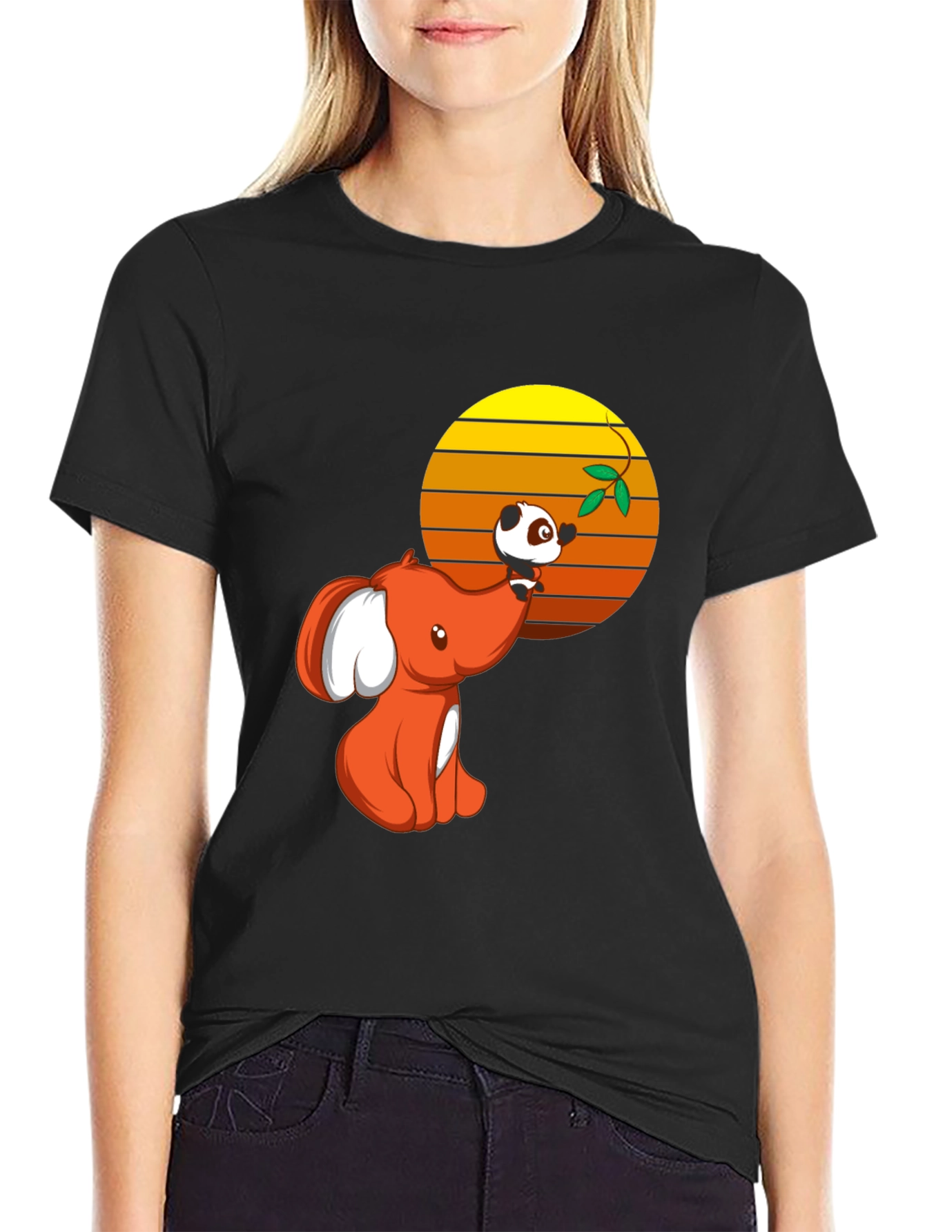 Cute Elephant & Panda Graphic Black T-Shirt