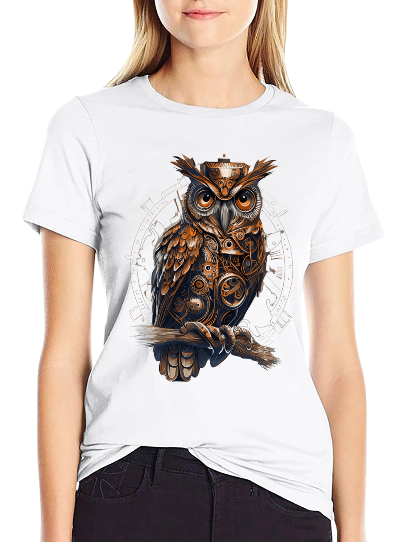 Steampunk Owl Graphic Print Black T-Shirt
