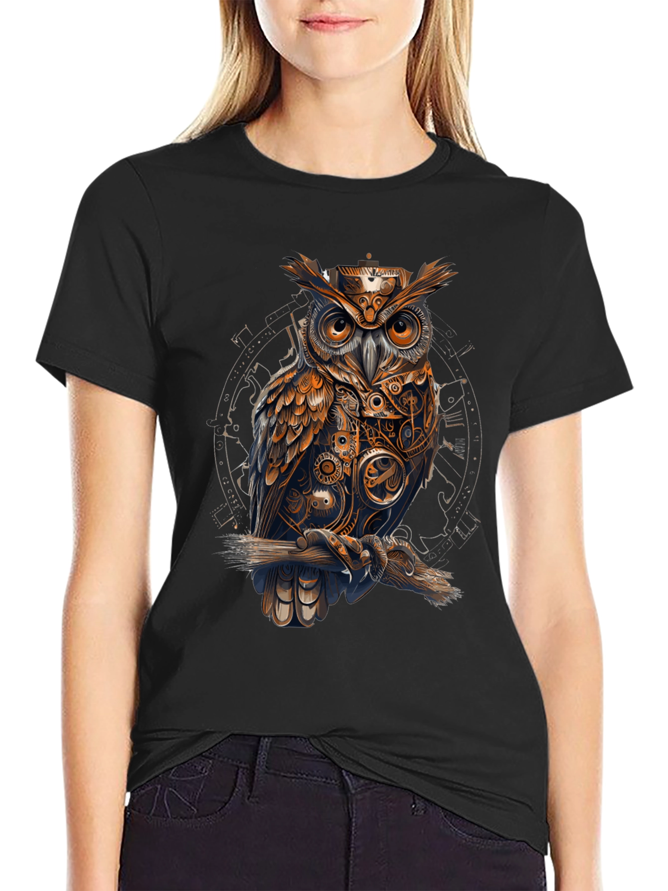 Steampunk Owl Graphic Print Black T-Shirt